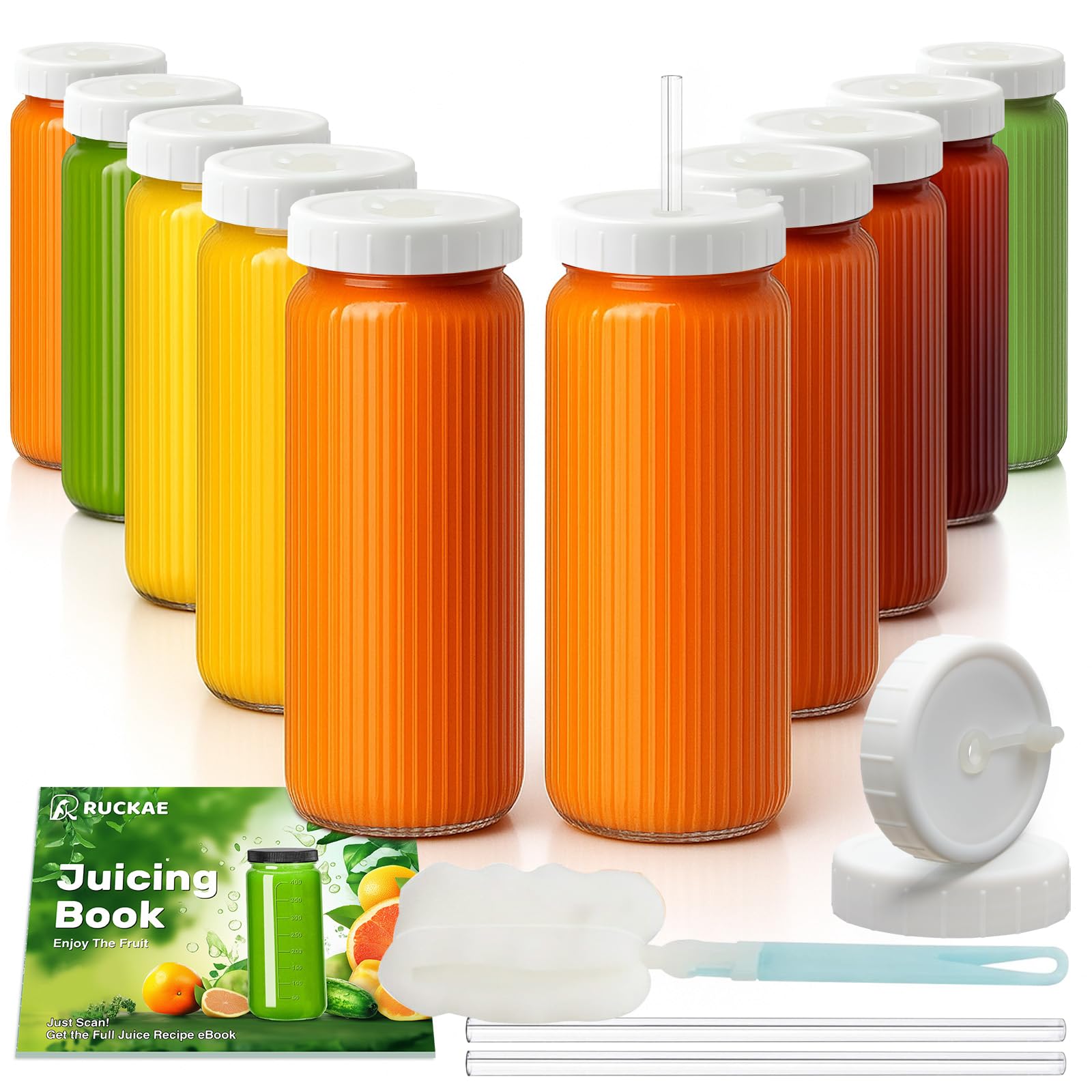 Botellas Ruckae 16oz con tapas para jugos frescos y transporte diario.