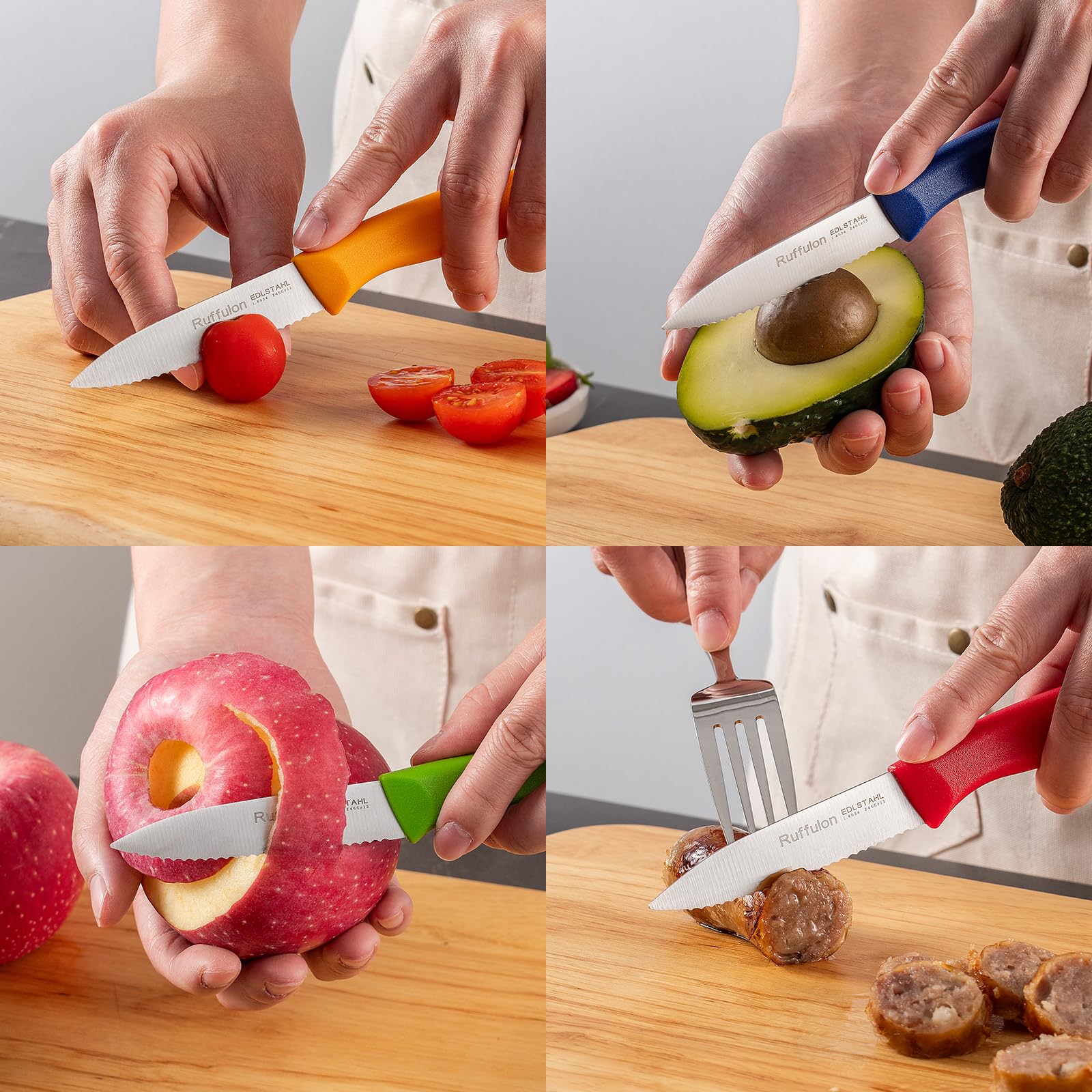Ruffulon cuchillo pelador serrado para verduras y carnes, corte preciso y uniforme.