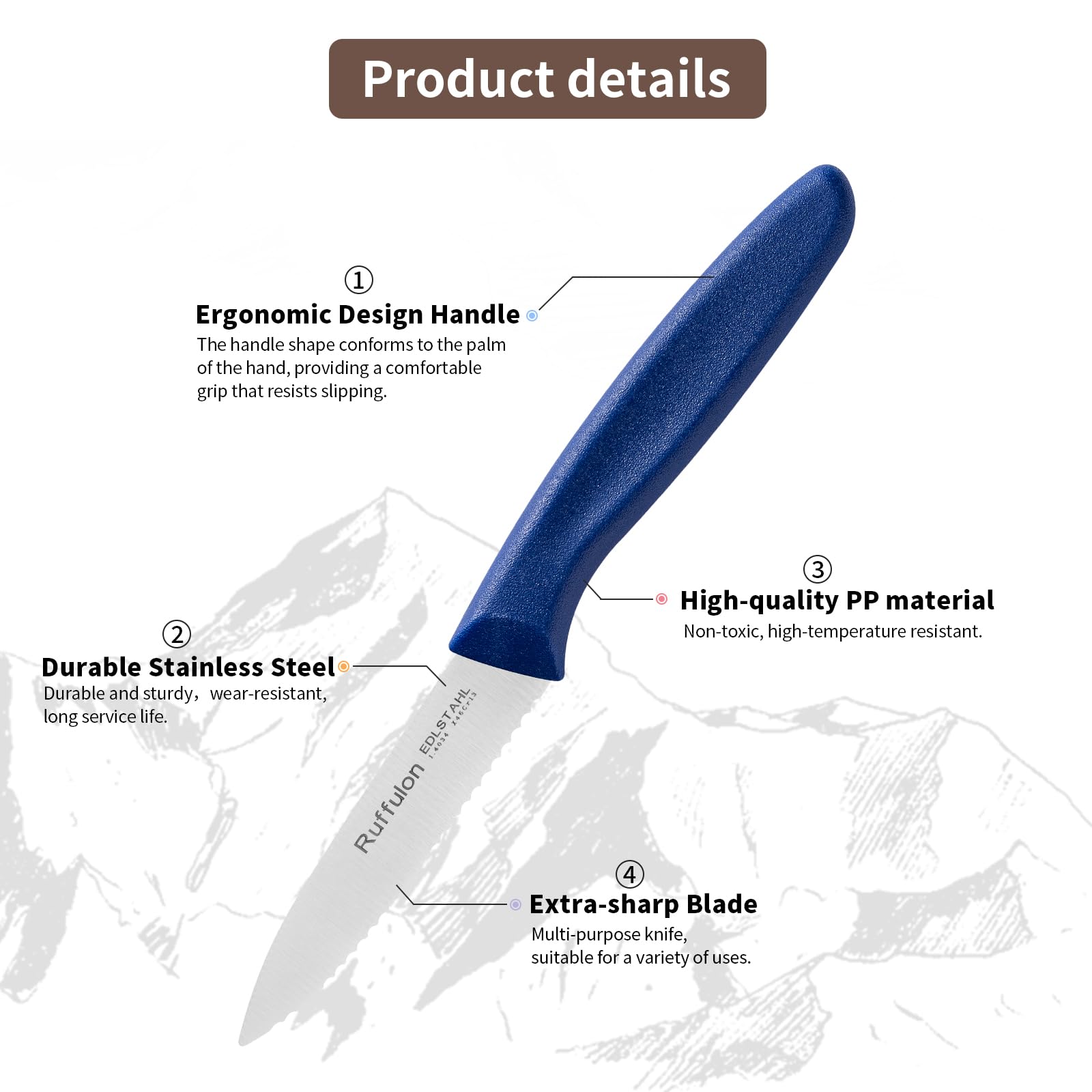 Ruffulon cuchillo pelador serrado con mango PP ergonómico para un agarre cómodo.