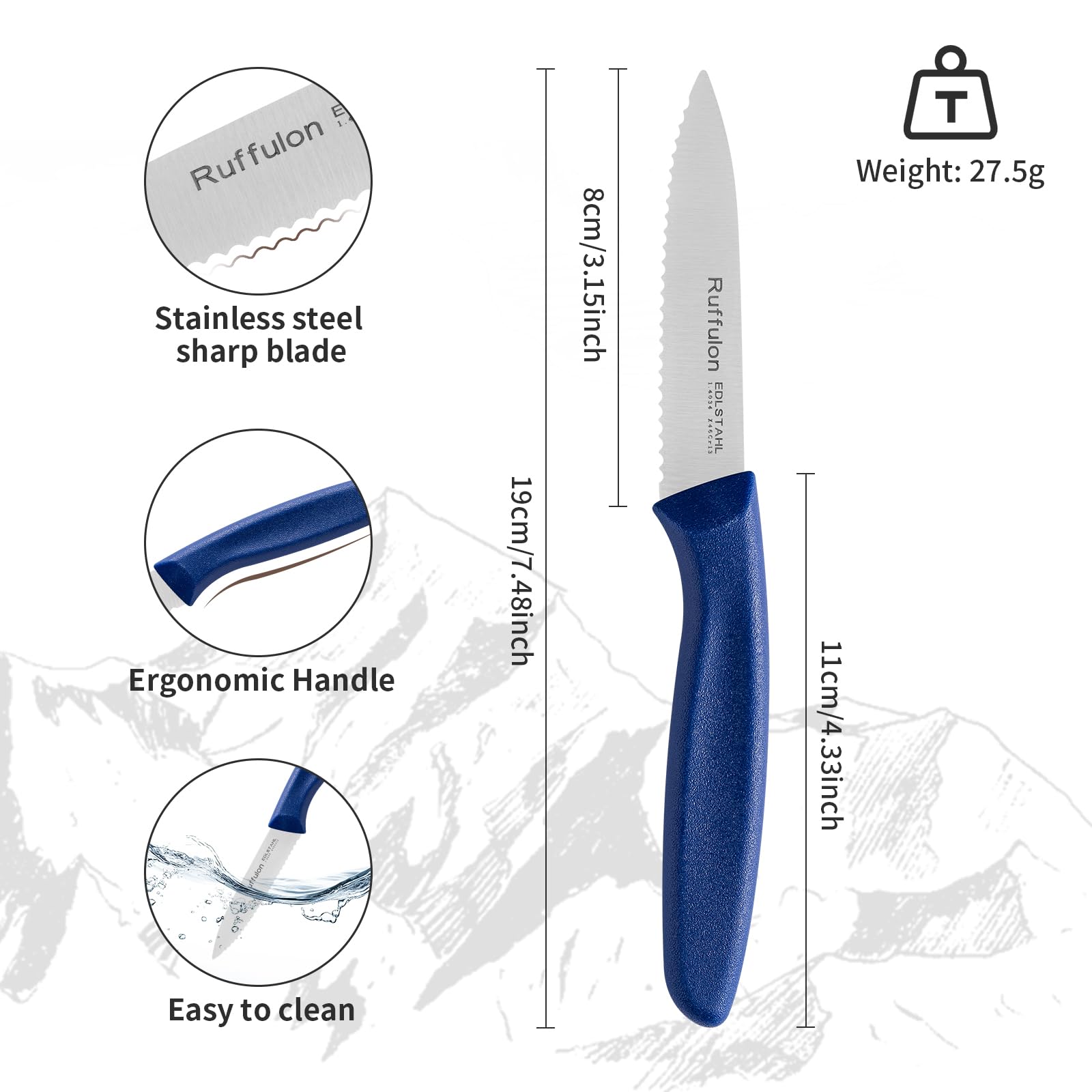 Ruffulon cuchillo pelador serrado, tamaño 19 cm, ideal para pelar y cortar con precisión.