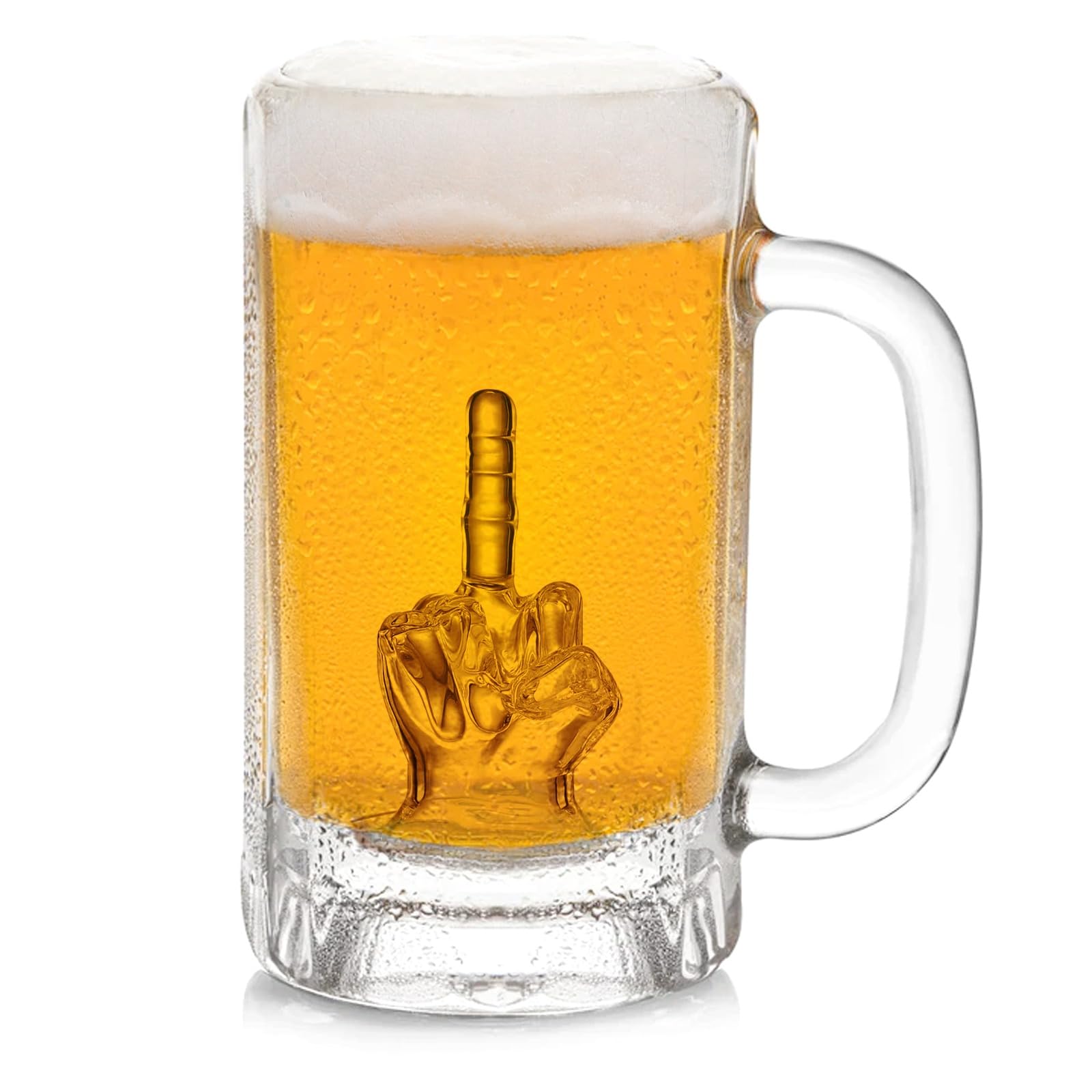 Taza de cerveza RUGLUSH con dedo medio visible desde la base