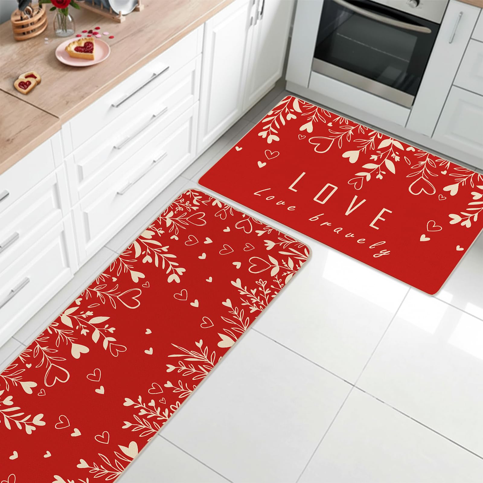 Alfombra Ruizhuo de corazón rojo 16x45, ideal para entradas largas y fáciles de limpiar.