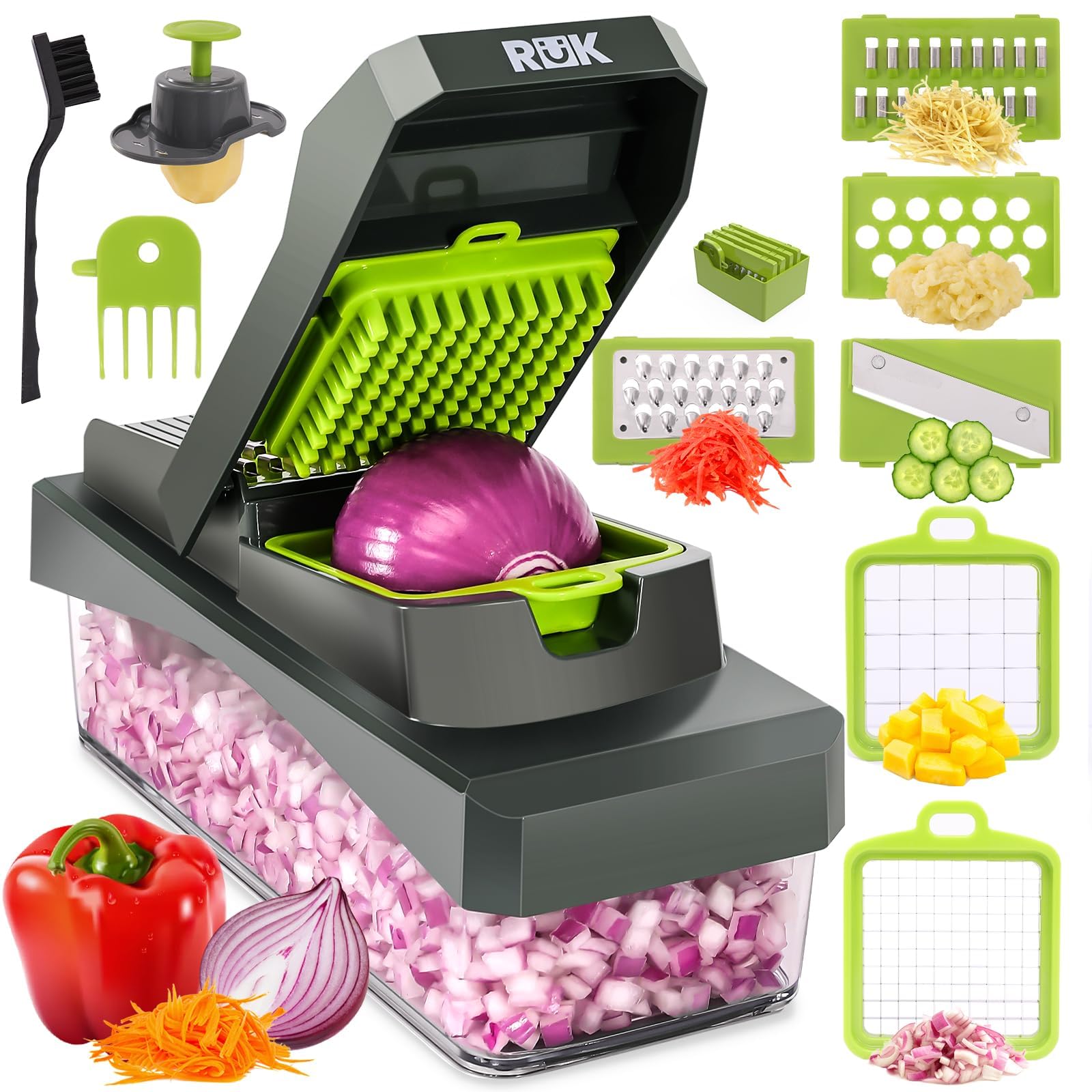 RüK 10-en-1 picadora de verduras con contenedor, ideal para pre-picar y guardar