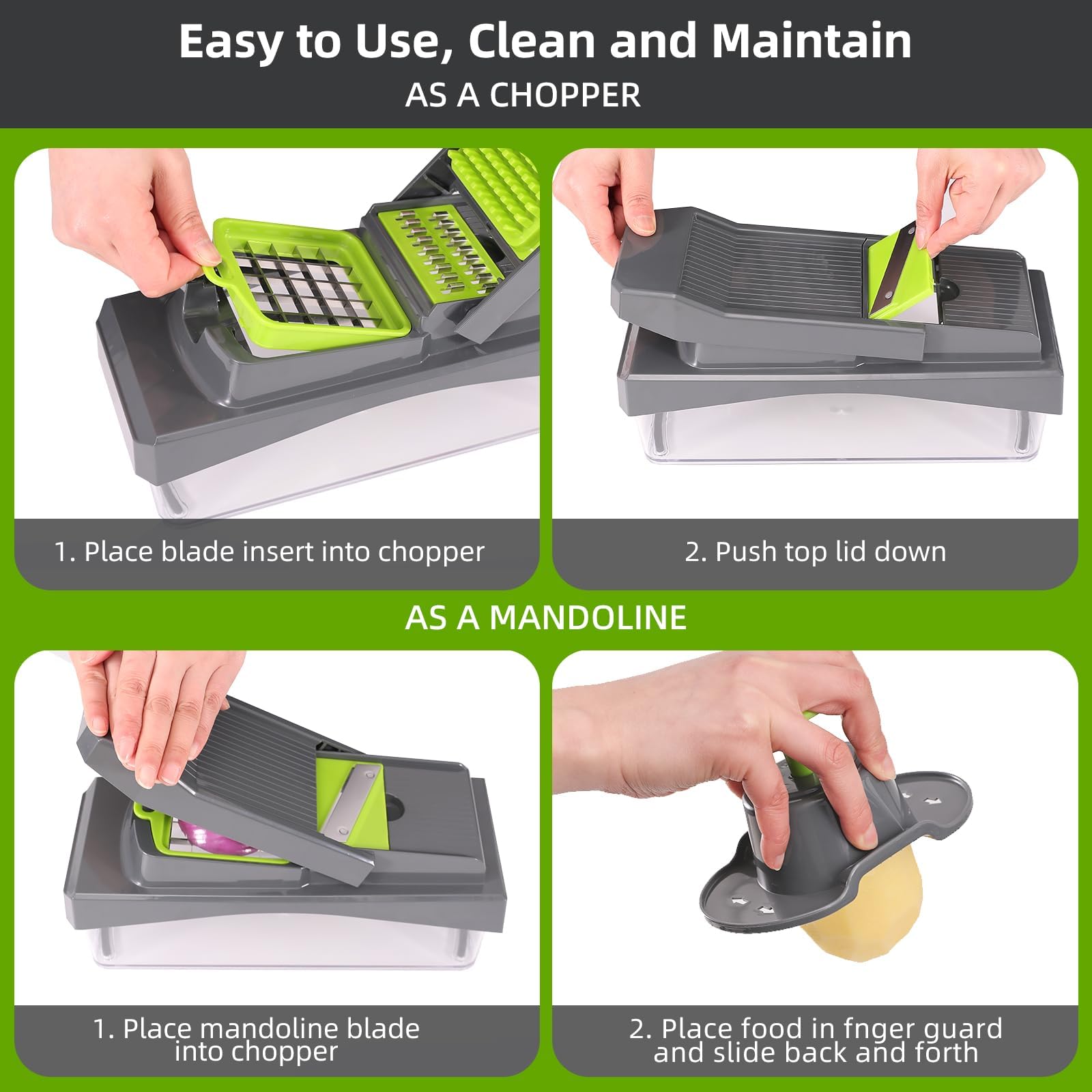 RüK 10-en-1 picadora, diseño ergonómico en gris y verde para uso cómodo