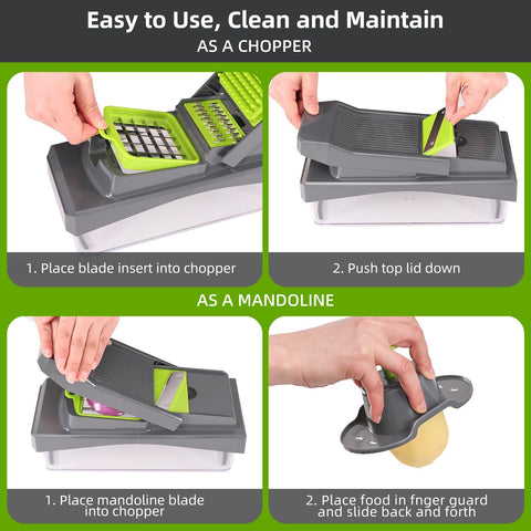 RüK 10-en-1 picadora, diseño ergonómico en gris y verde para uso cómodo