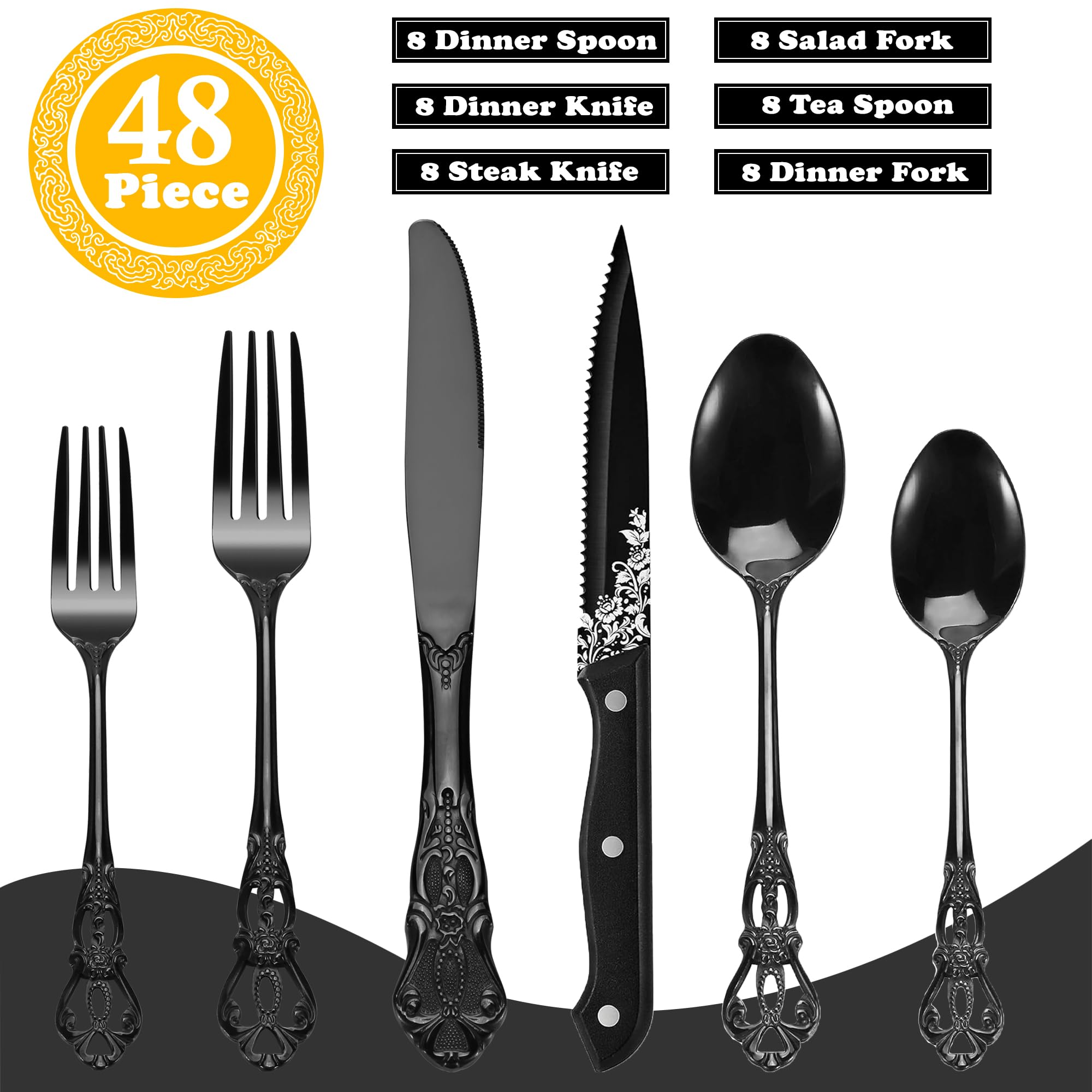 Runfly cubiertos negro: acabado lujoso y ergonómico para mayor comodidad al comer.