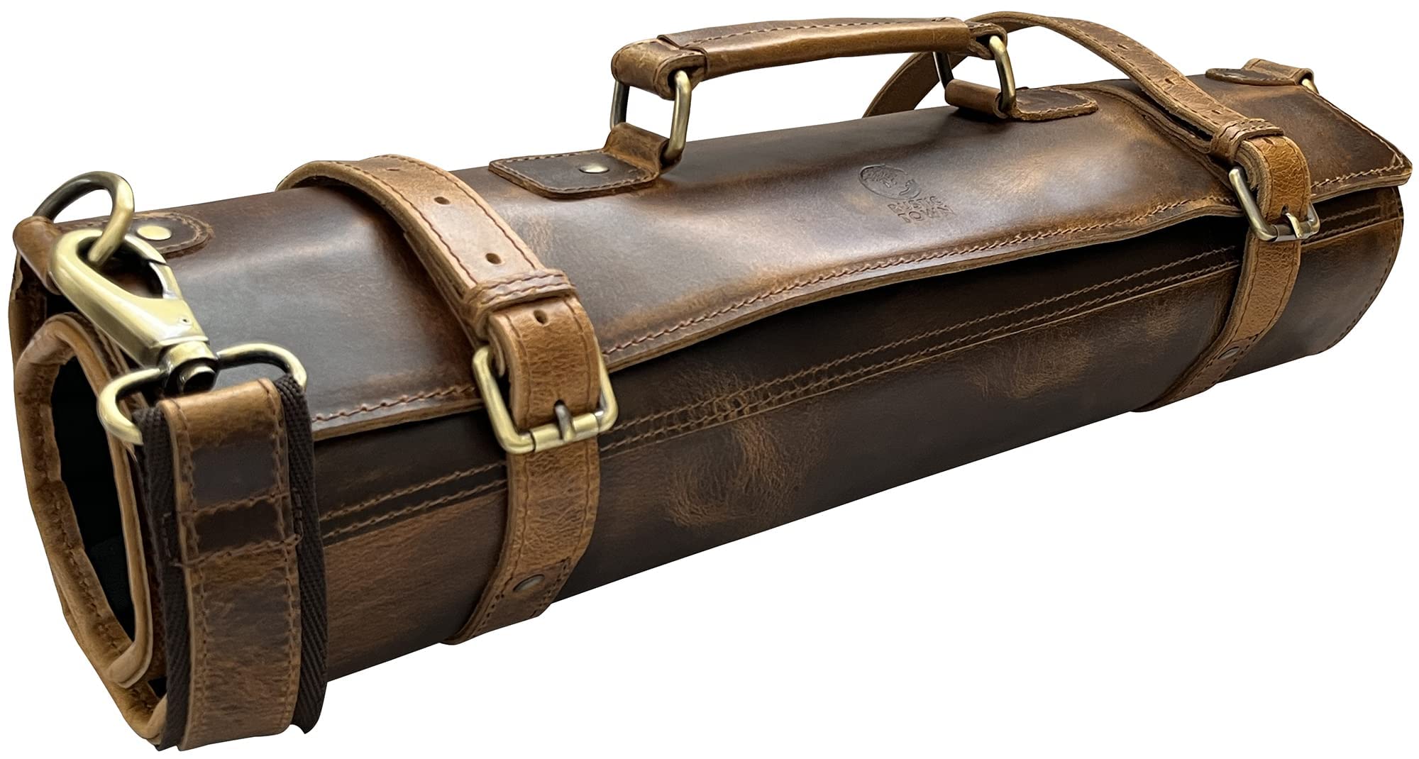 Funda Rustic Town de cuero genuino protege cuchillos y facilita transporte seguro.
