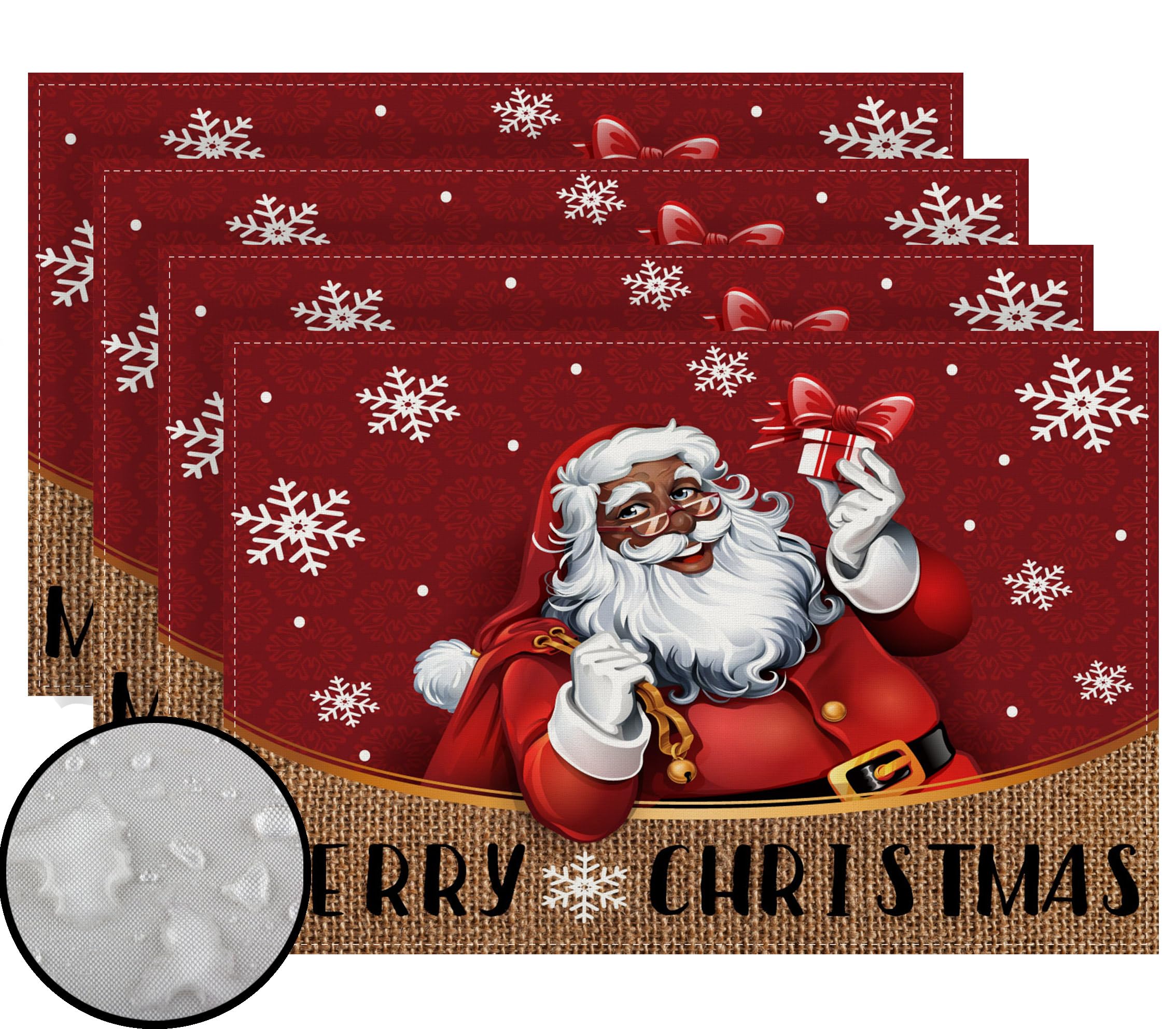 Juego de cuatro manteles Rvsticty para mesa navideña con Santa negro.