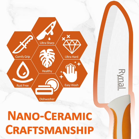 Rynal cuchillo cerámico facilita cortar frutas y verduras sin esfuerzo.