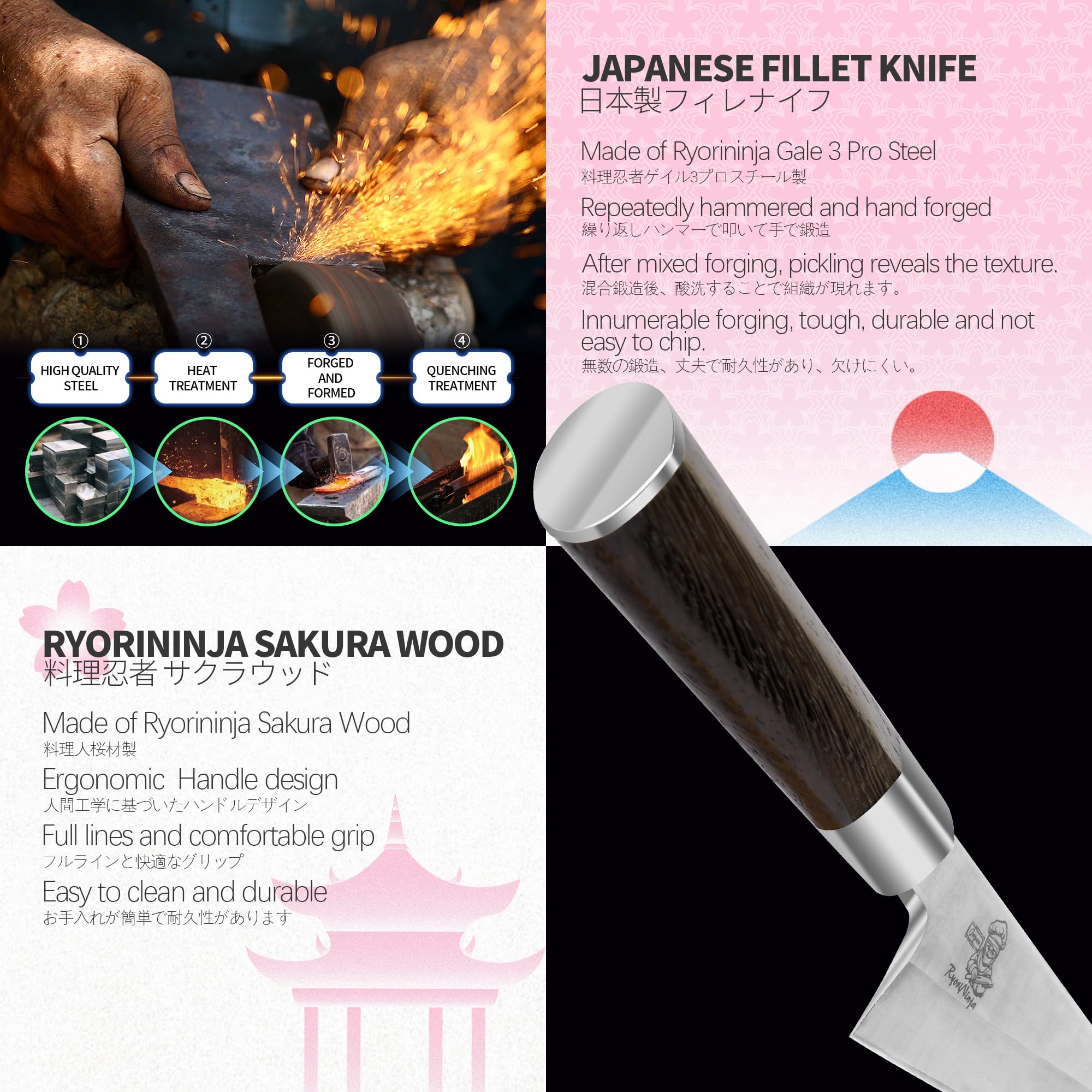 RyoriNinja Dexter hoja honesuki con filo de 9° para cortes finos