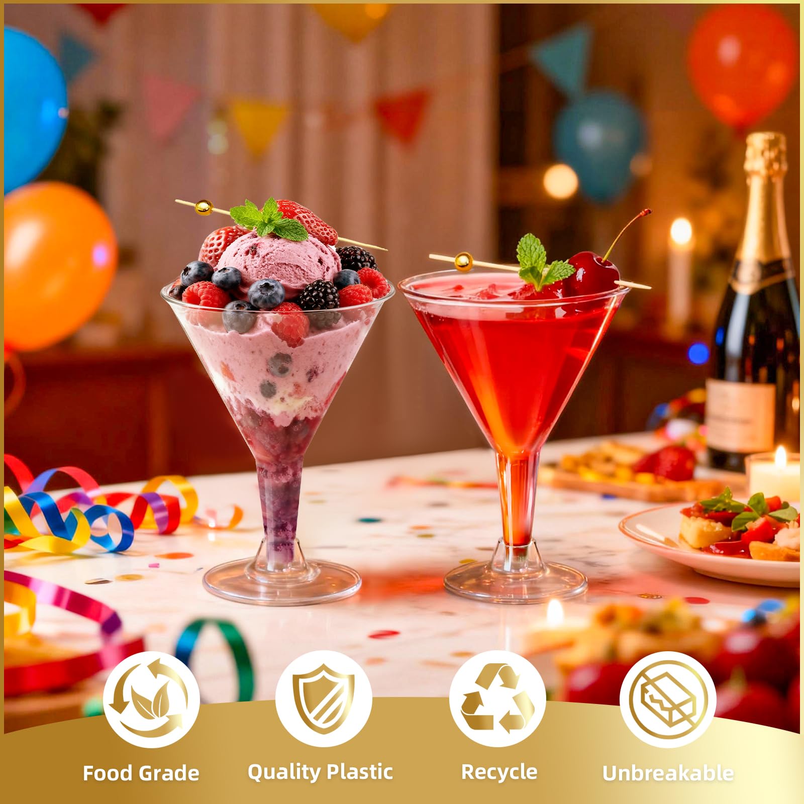 Presentación para fiestas con vasos martini y aperitivos RYTOXILO.