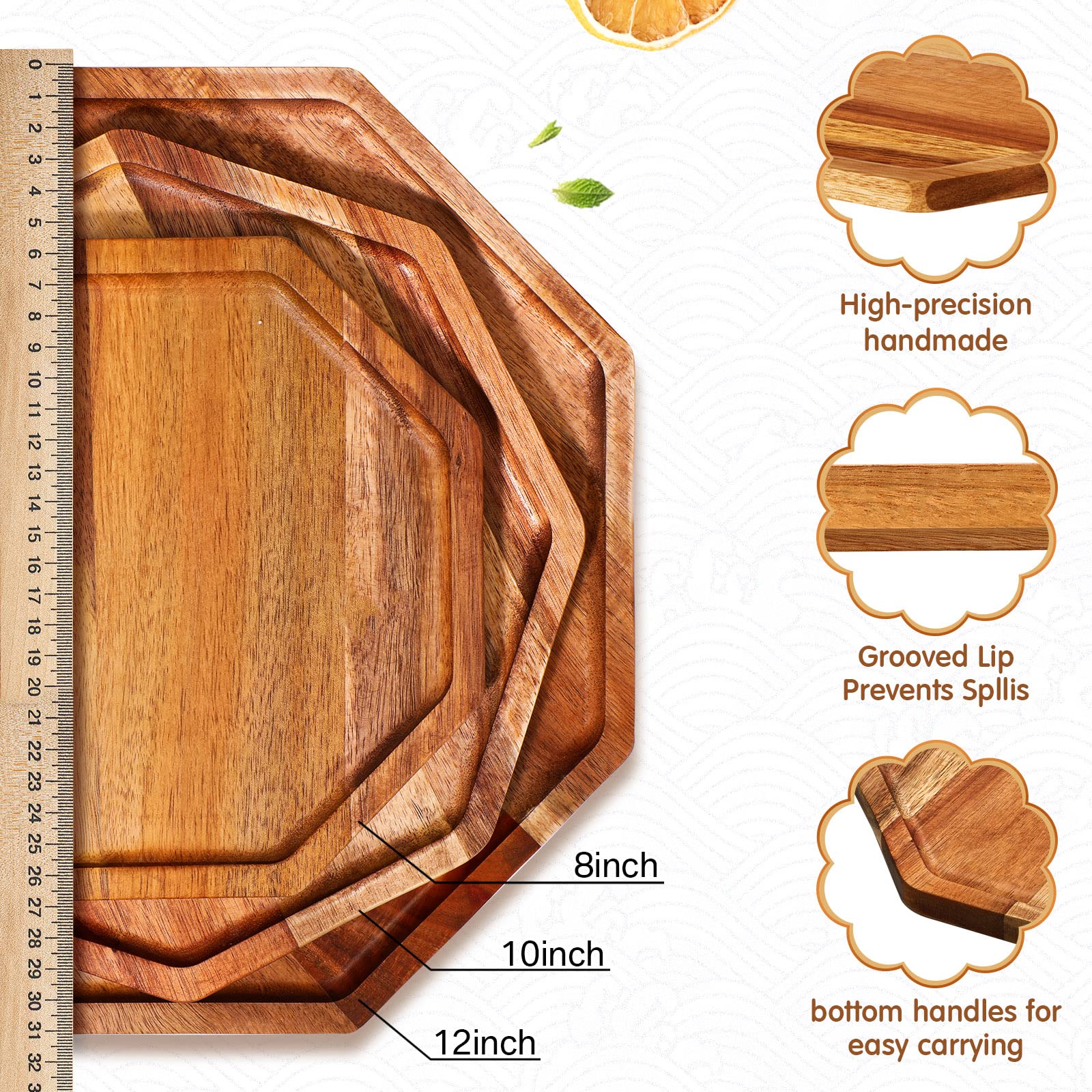 Bandeja Sabary de acacia 10 pulgadas con mango, vista frontal para combinar en mesa.