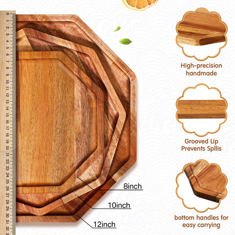 Bandeja Sabary de acacia 10 pulgadas con mango, vista frontal para combinar en mesa.
