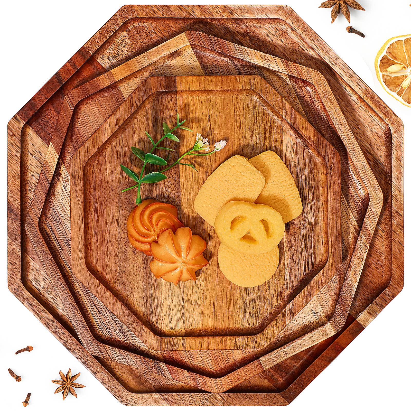 Bandeja Sabary de acacia de 12 pulgadas con mango, vista superior para servir aperitivos.