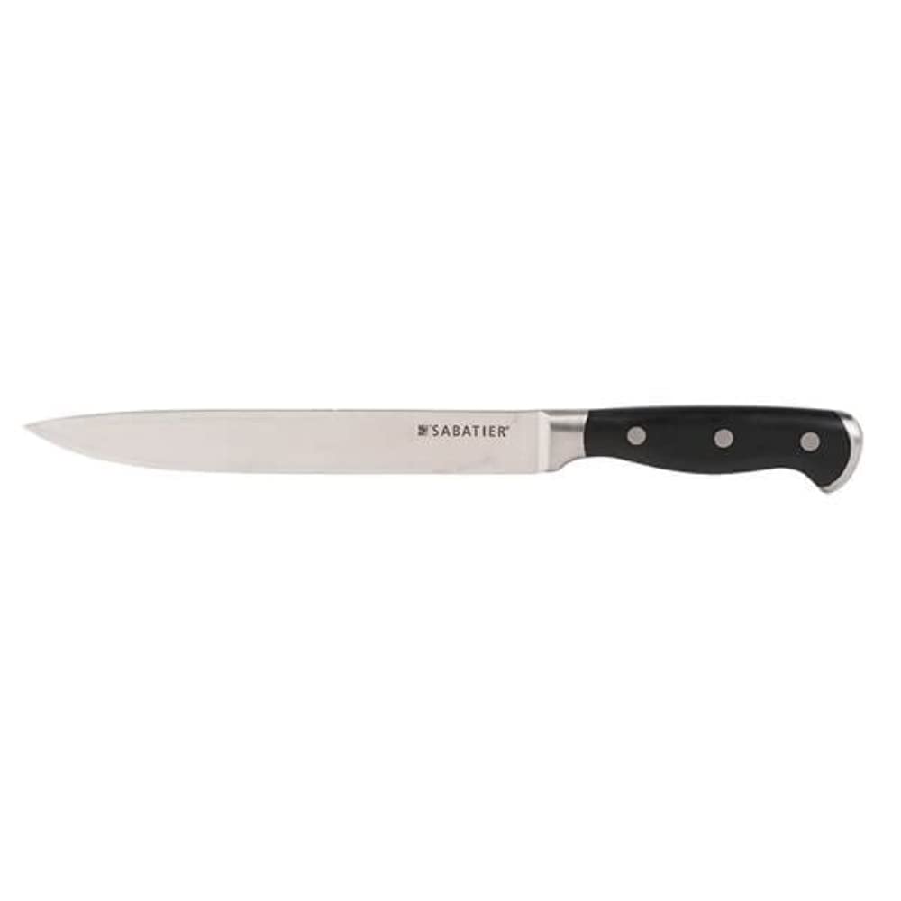 Sabatier vista frontal del cuchillo con funda Edgekeeper, presenta control y seguridad