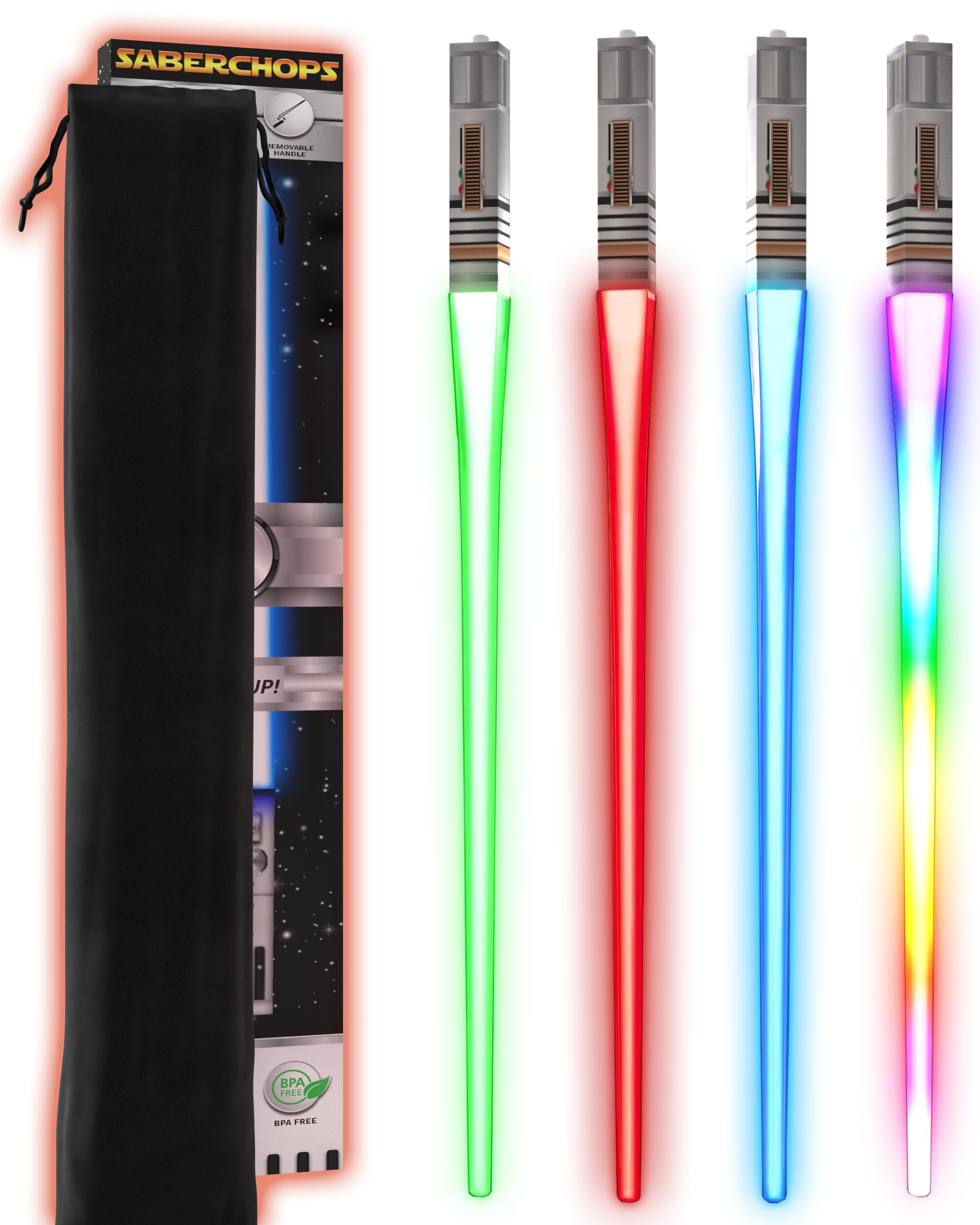 Saber Chops palillos iluminados con luces rojo y azul para sushi vistoso.