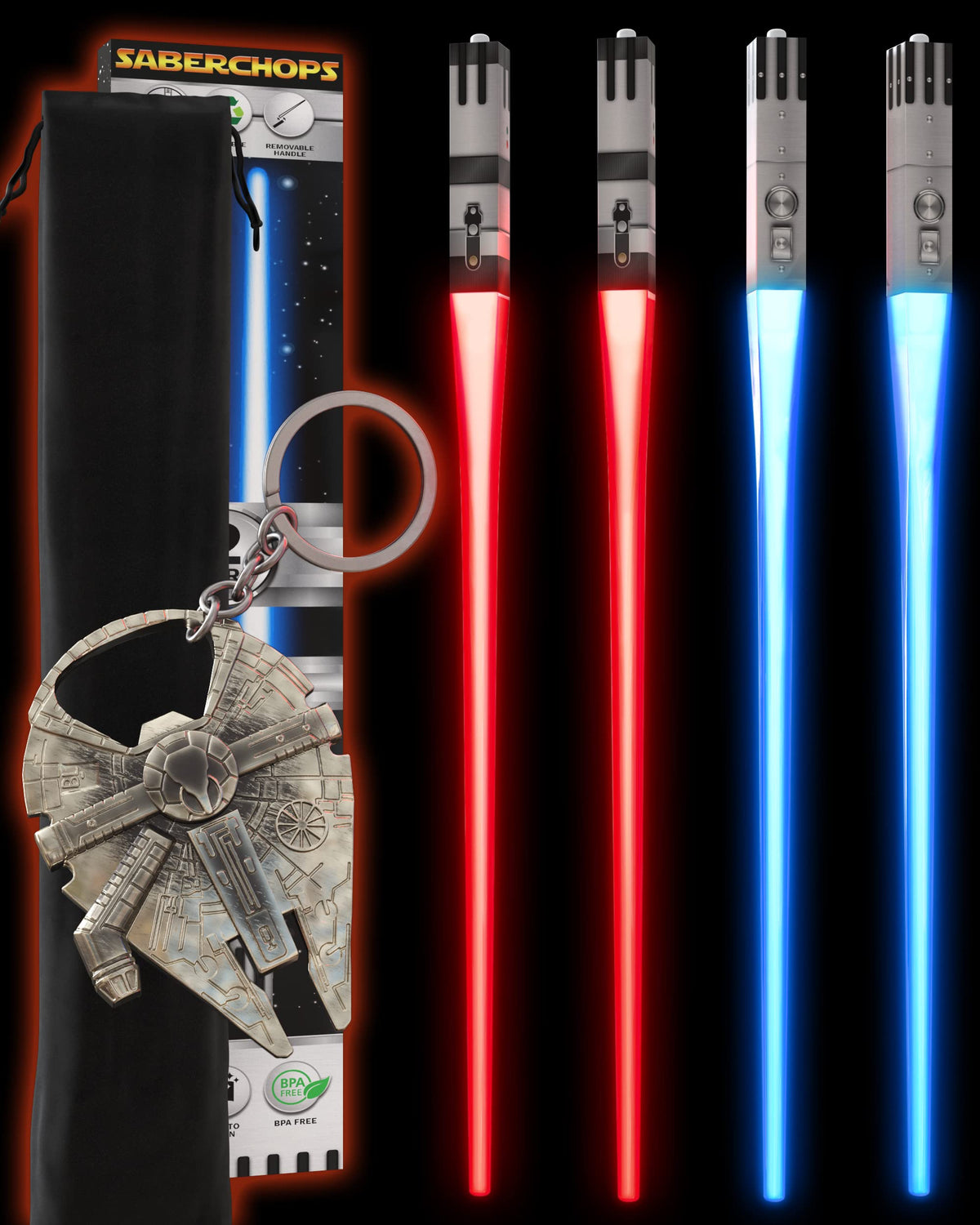 Saber Chops: palillos de luz encendidos, ideal para cenas temáticas de entretenimiento.
