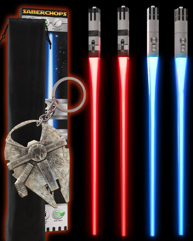 Saber Chops: palillos de luz encendidos, ideal para cenas temáticas de entretenimiento.