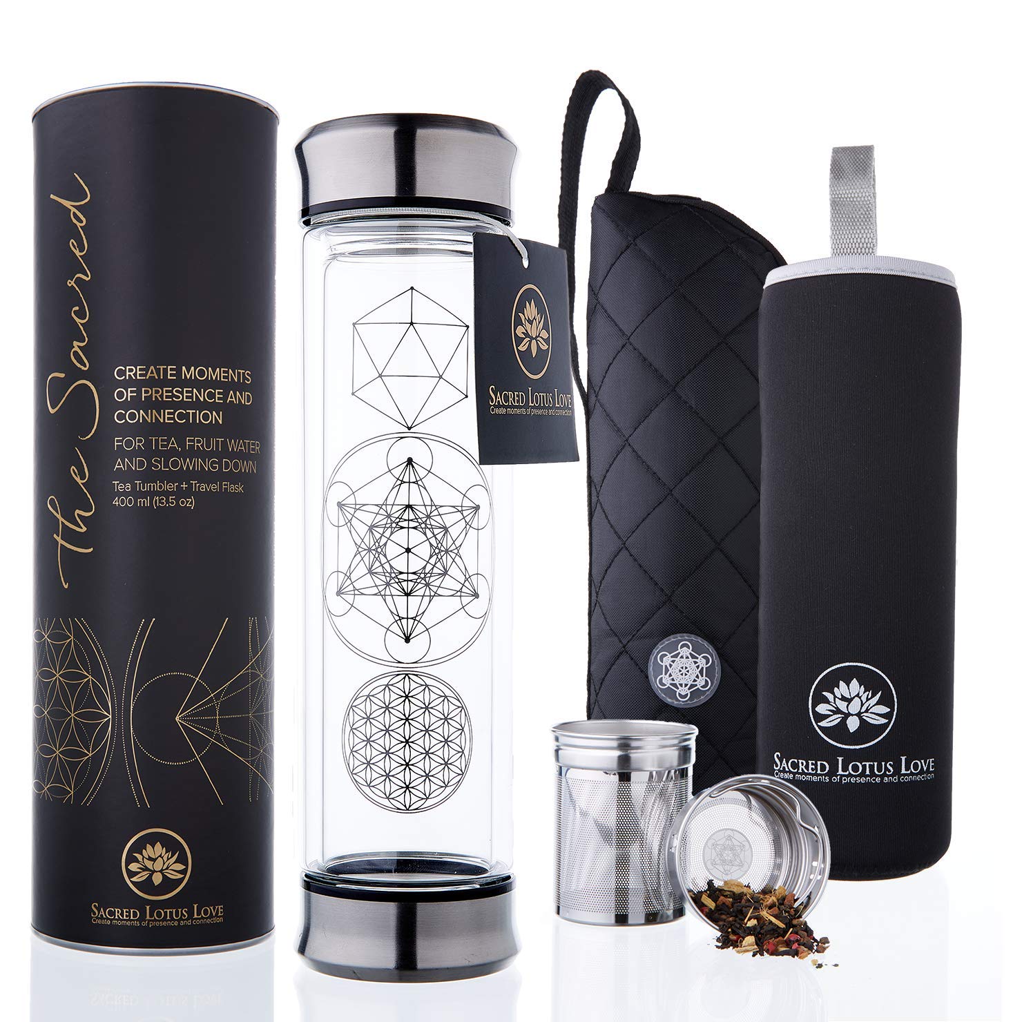 Sacred Lotus Love, botella de vidrio doble pared con infusor para té, ideal para viajar