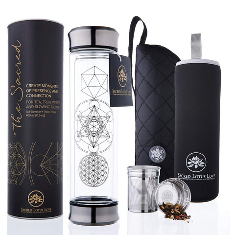 Sacred Lotus Love, botella de vidrio doble pared con infusor para té, ideal para viajar