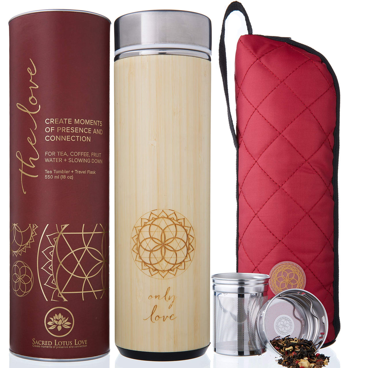 Sacred Lotus Love termo portátil de bambú con infusor para bebidas calientes.