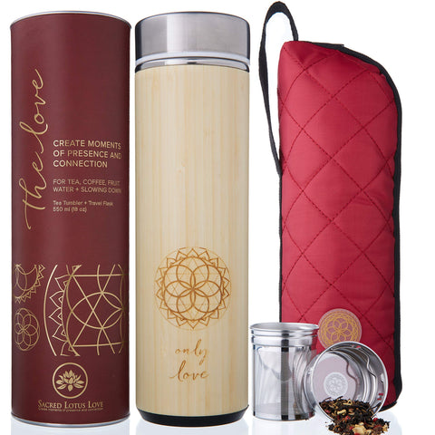 Sacred Lotus Love termo portátil de bambú con infusor para bebidas calientes.