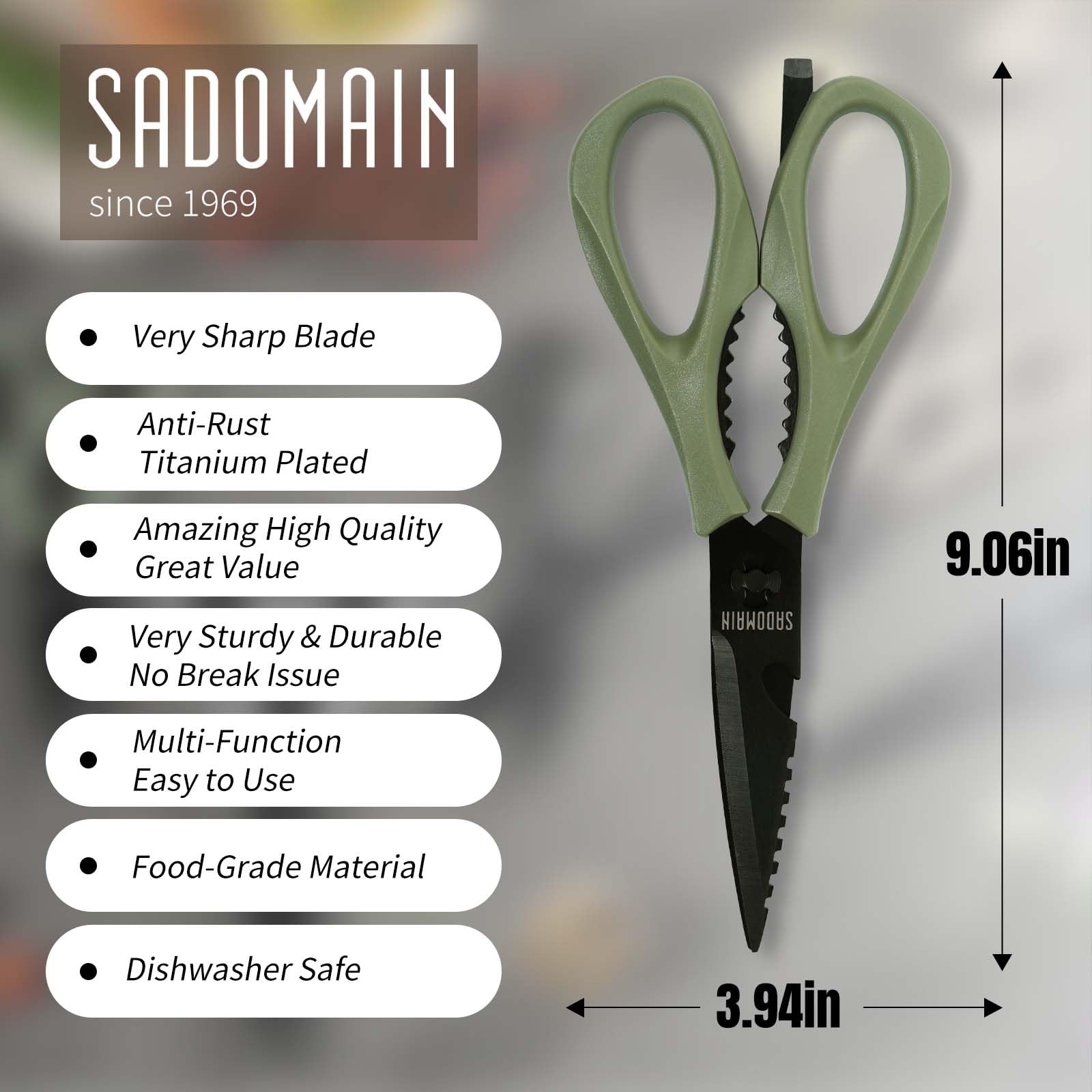 Tijeras SADOMAIN anticorrosión para cortar adhesivos y alimentos variados.