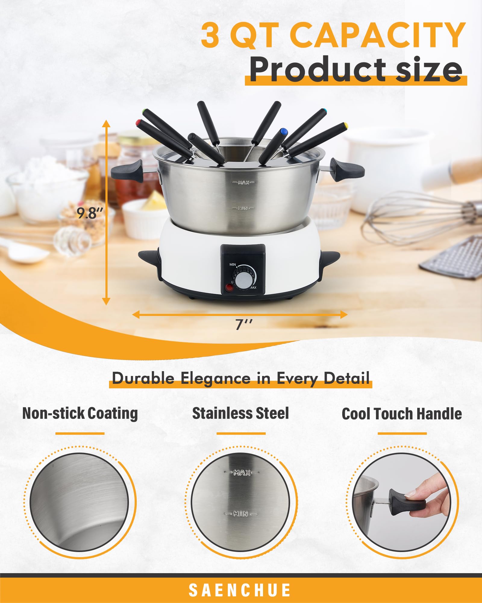 Saenchue fondue en acero inoxidable para queso y chocolate con ocho tenedores.