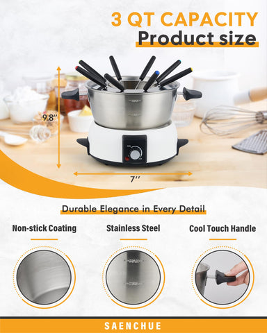 Saenchue fondue en acero inoxidable para queso y chocolate con ocho tenedores.