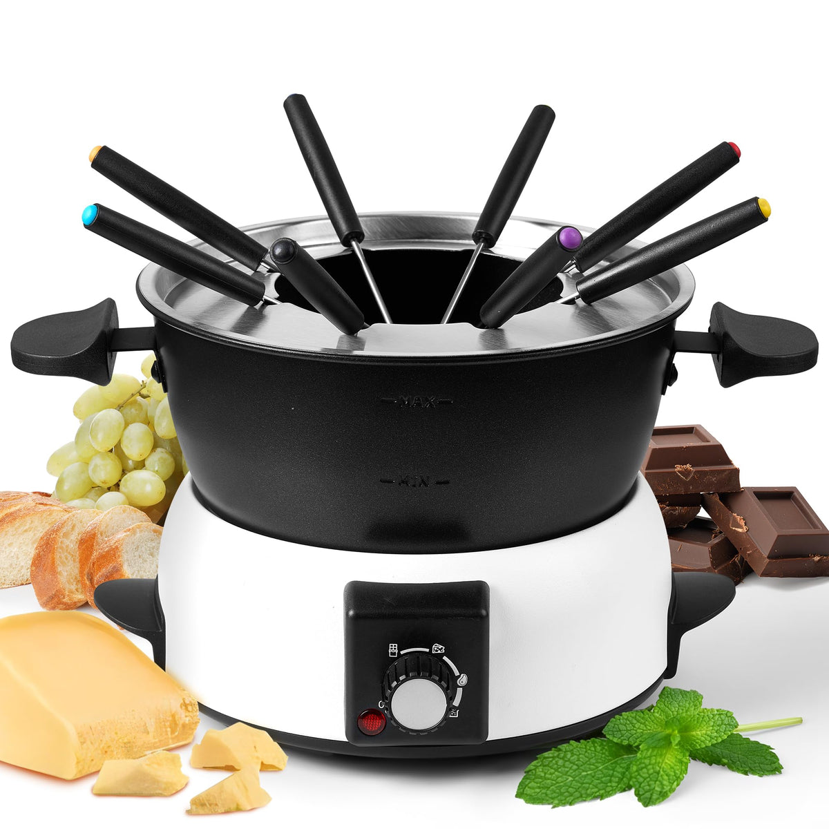 Olla de fondue Saenchue 3 cuartos para quesos y chocolates en reuniones.