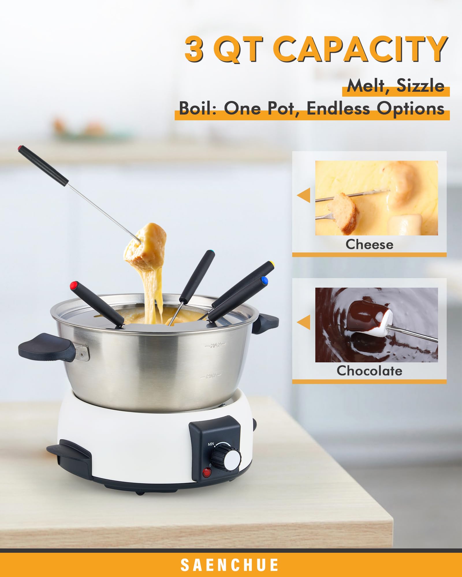 Saenchue fondue con potencia de 1000W para resultados consistentes.