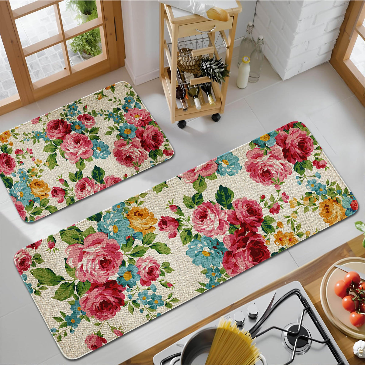 Alfombra safarsa para cocina con rosas florales, gran tamaño, color vivo para islas y fregadero.