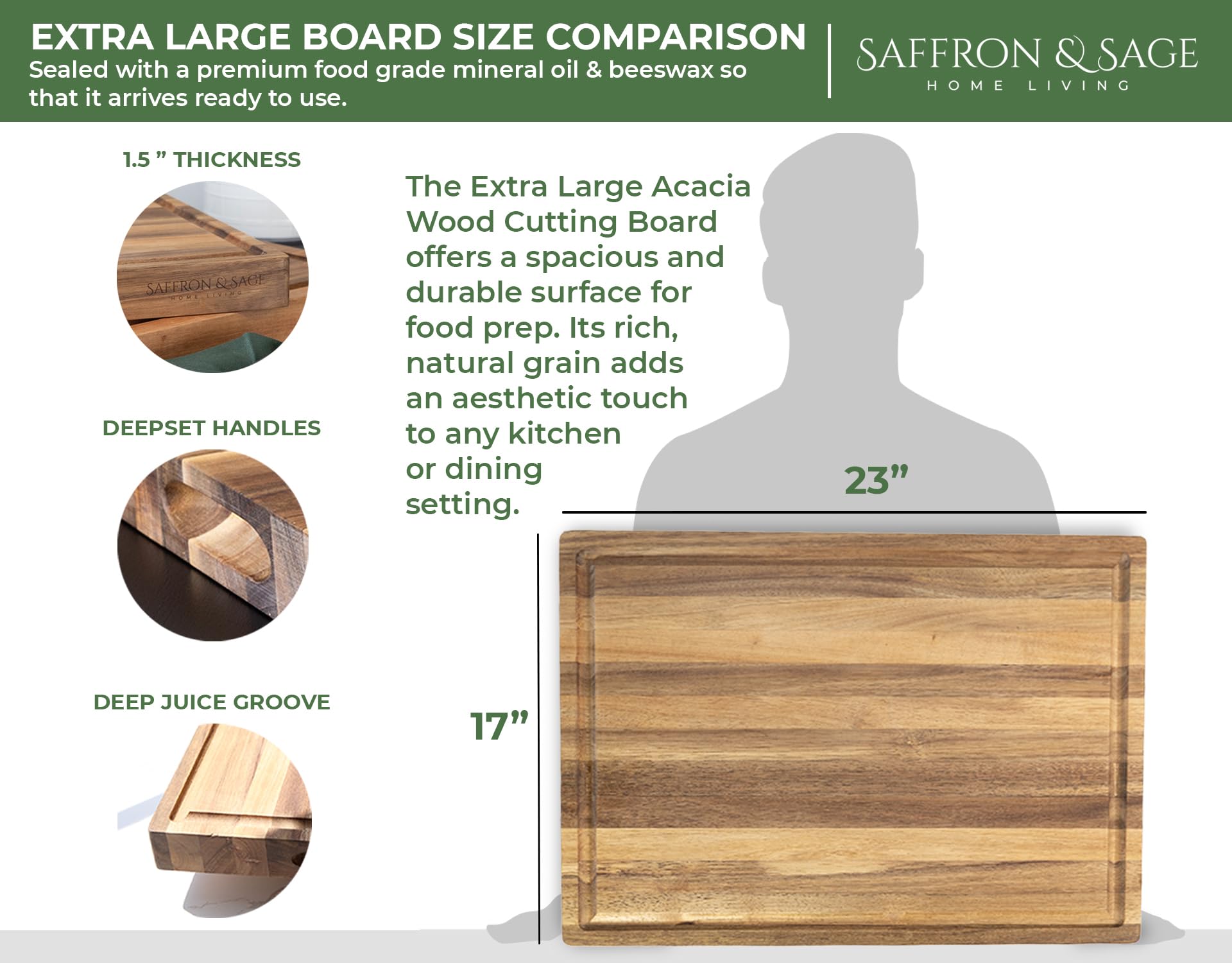 Saffron & Sage tabla de corte doble cara con asas incorporadas