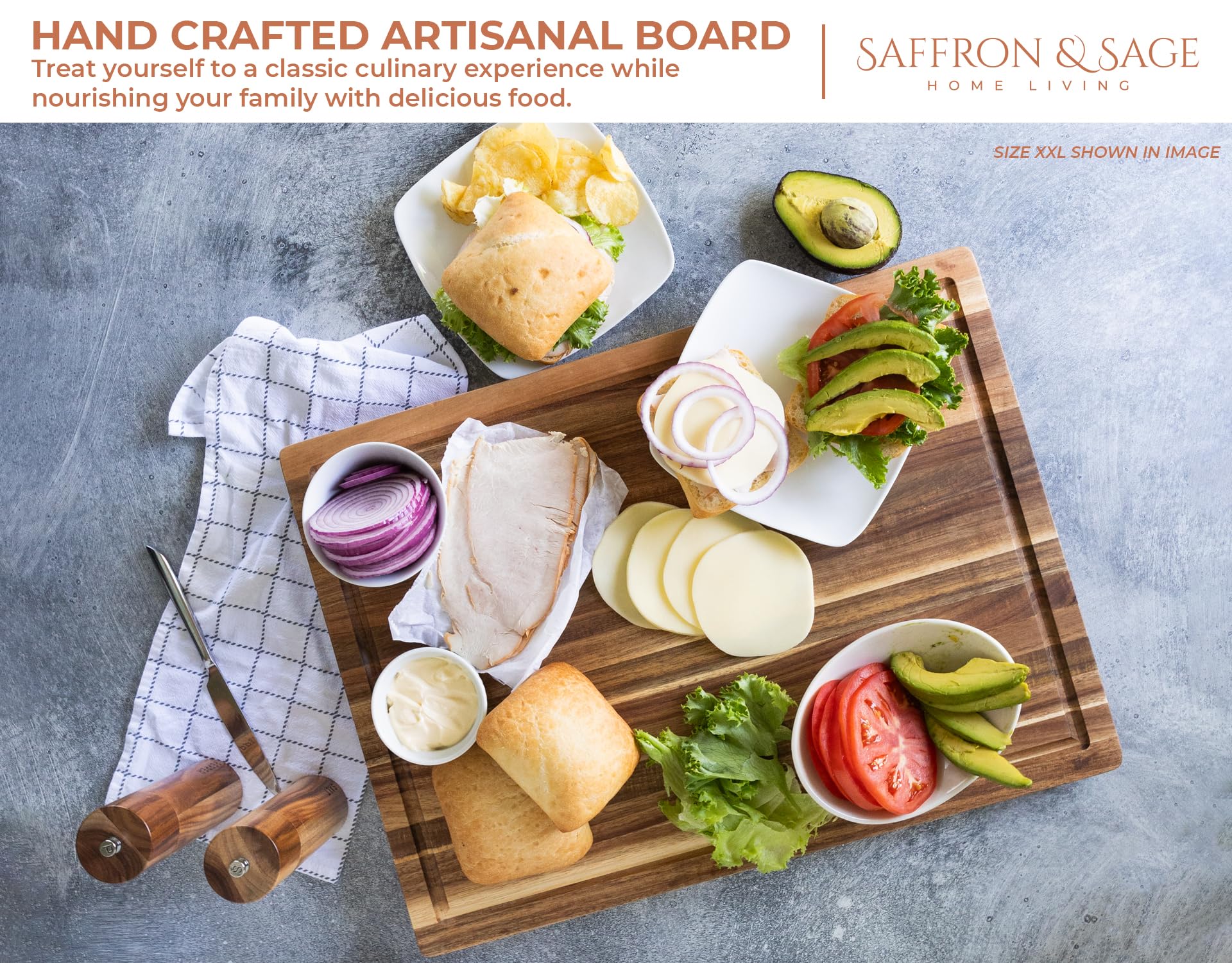 Saffron & Sage tabla con ranura para jugos profundos
