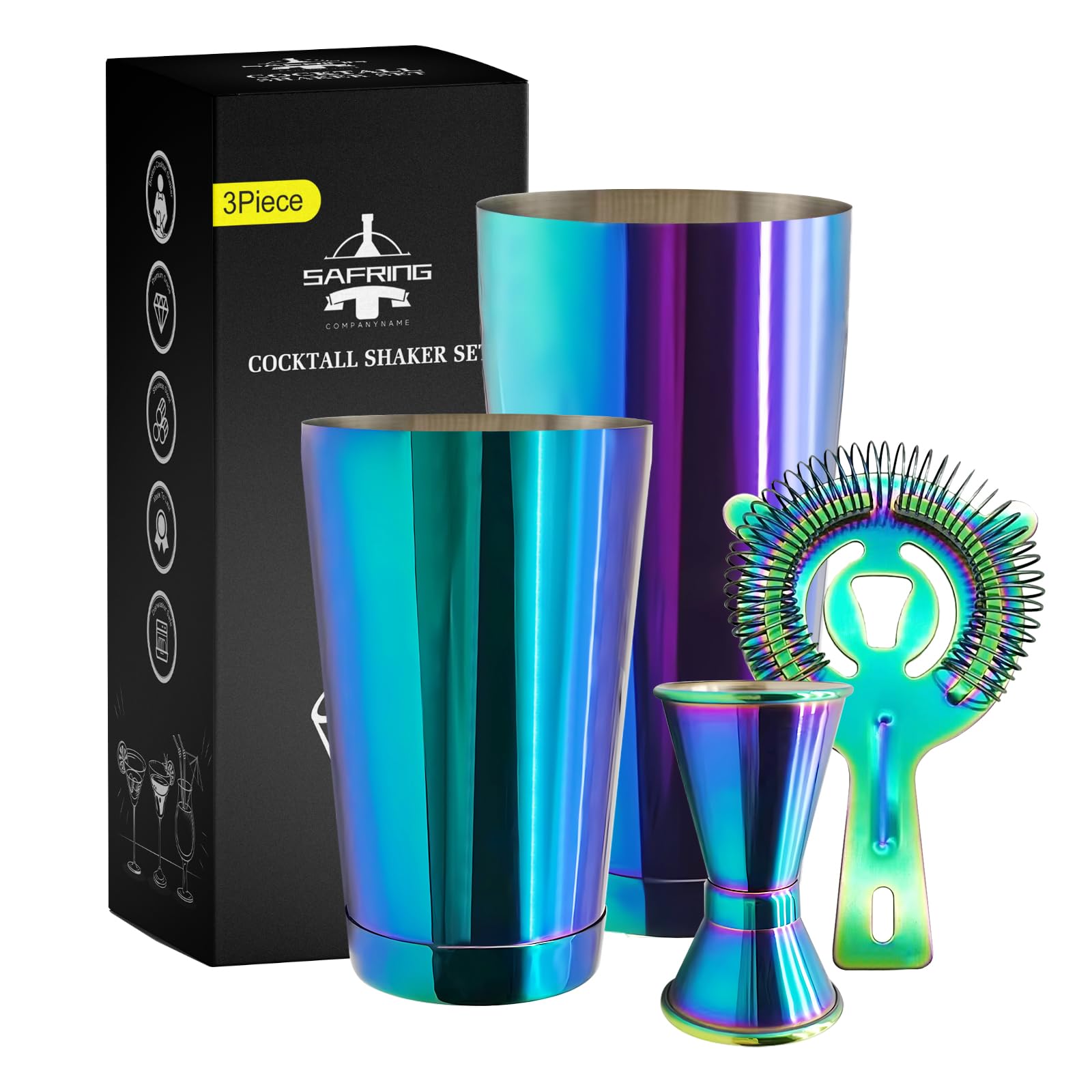 Safring coctelera Boston 18oz con acabado arcoíris para la barra en casa