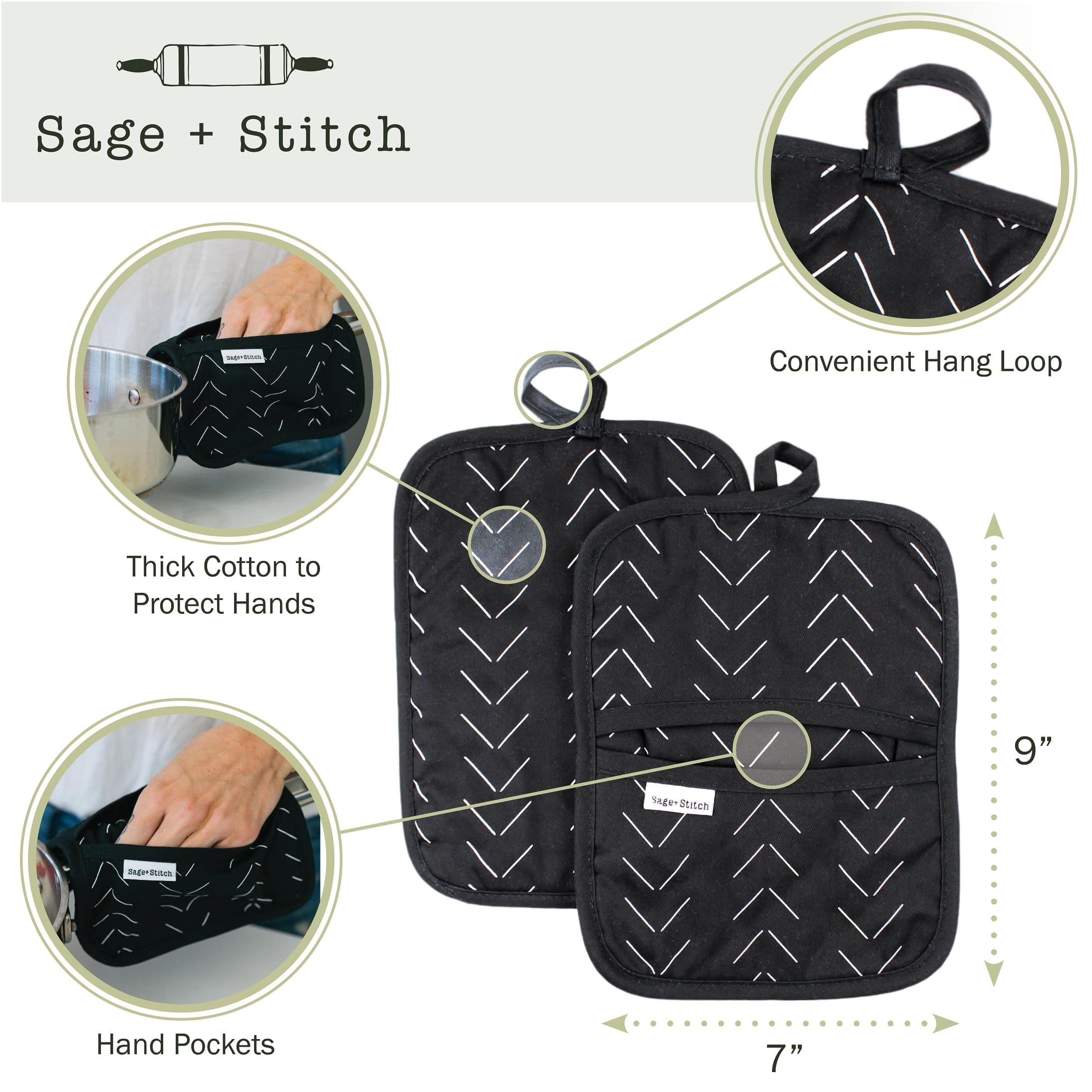 Sage+Stitch manoplas resistencia al calor con algodón 100%, ideal para manejo seguro de bandejas