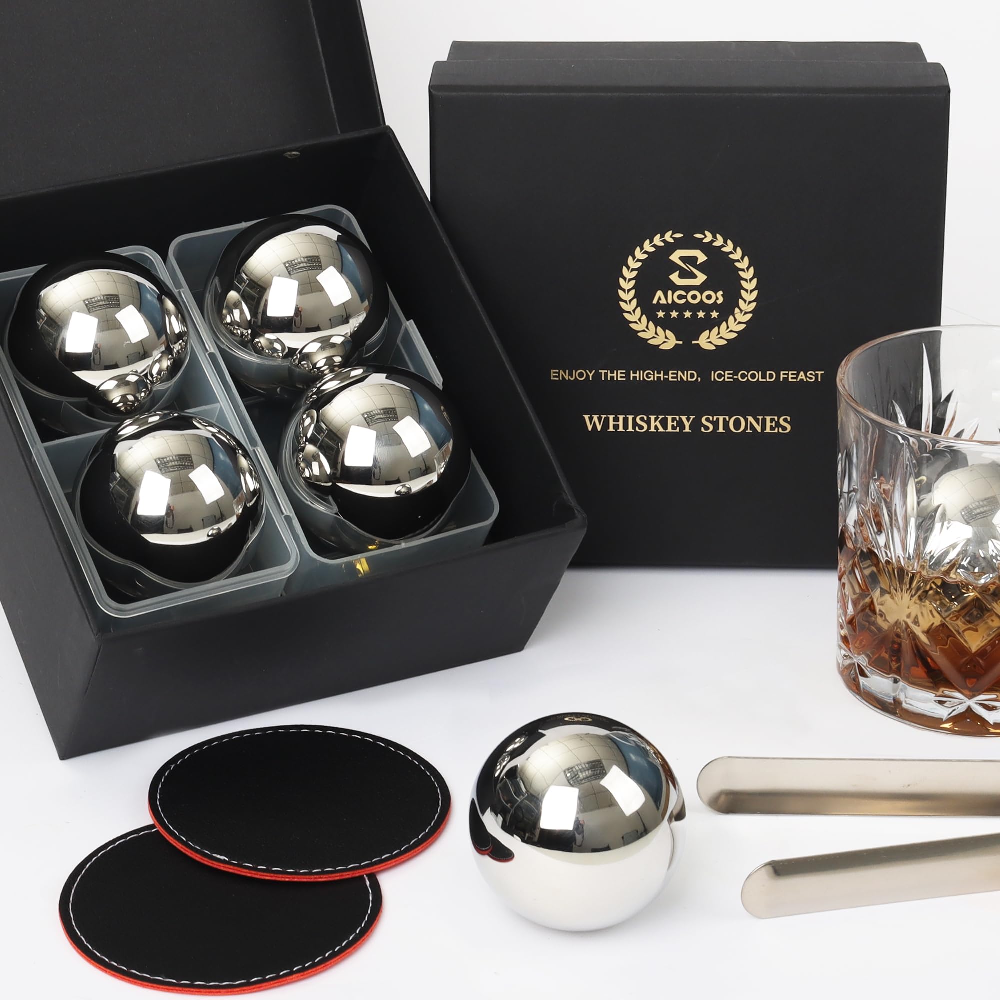 SAICOOS bolas de hielo grandes para whisky de acero inoxidable, enfrian sin diluir.
