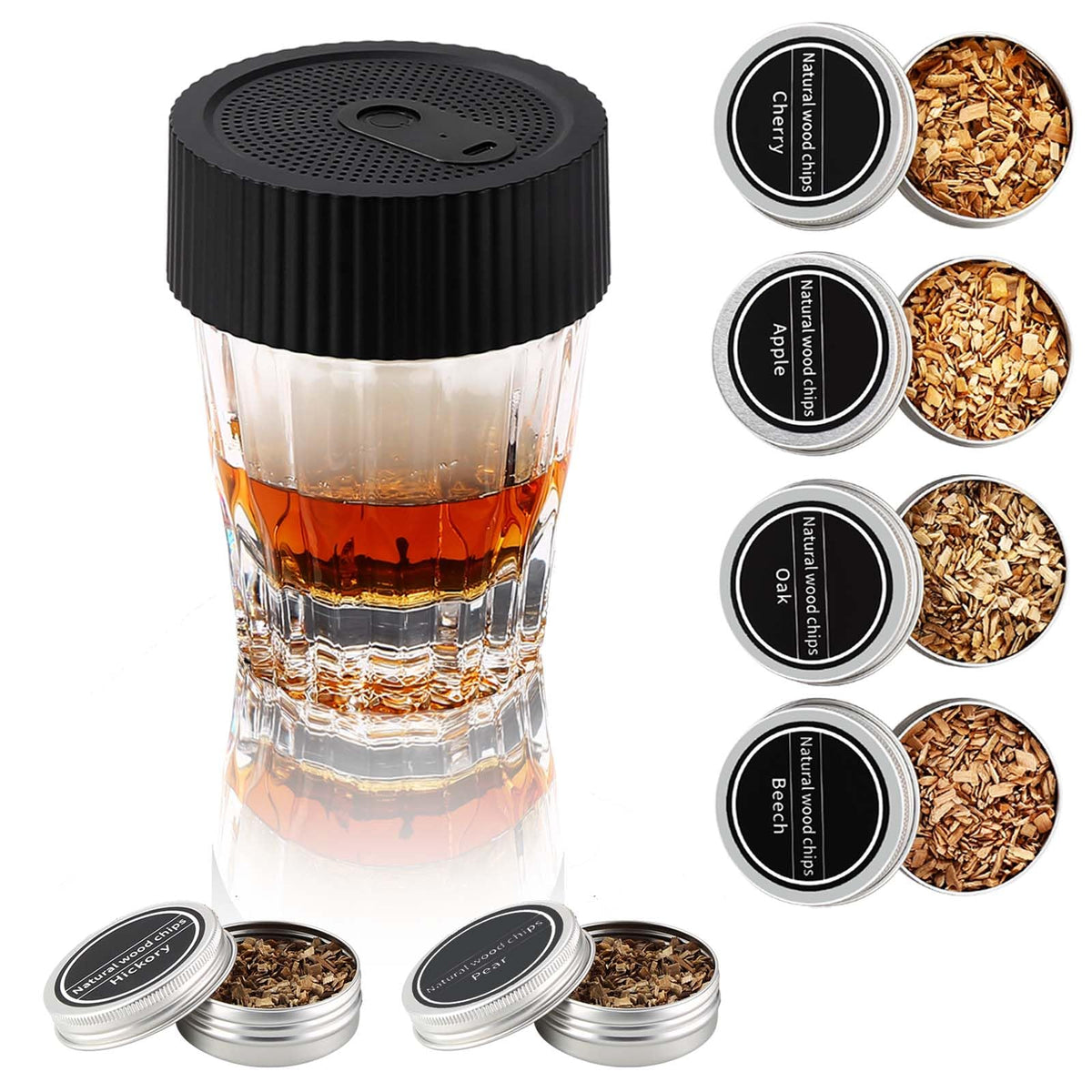 SAIWAN ahumador eléctrico sobre vaso de whiskey para aroma intenso.