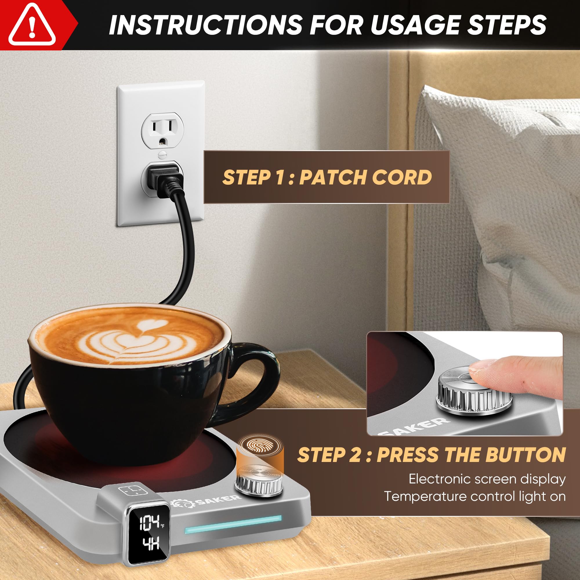 Saker calentador de tazas con panel digital para monitorear temperatura.