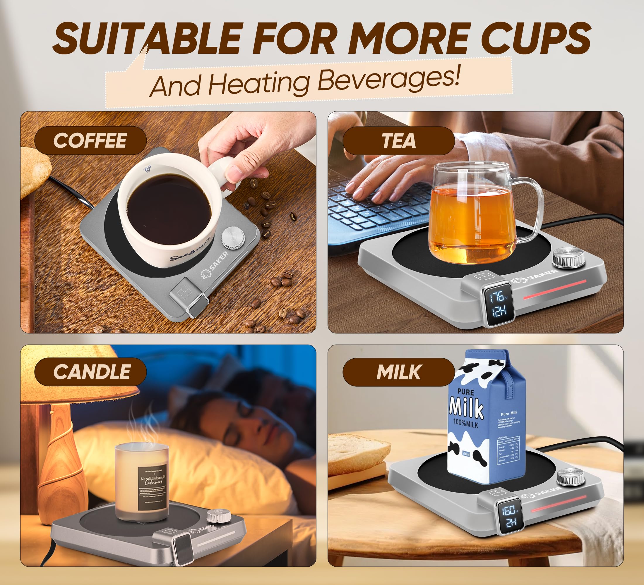 Saker calentador de tazas ideal para uso en escritorio y oficina.