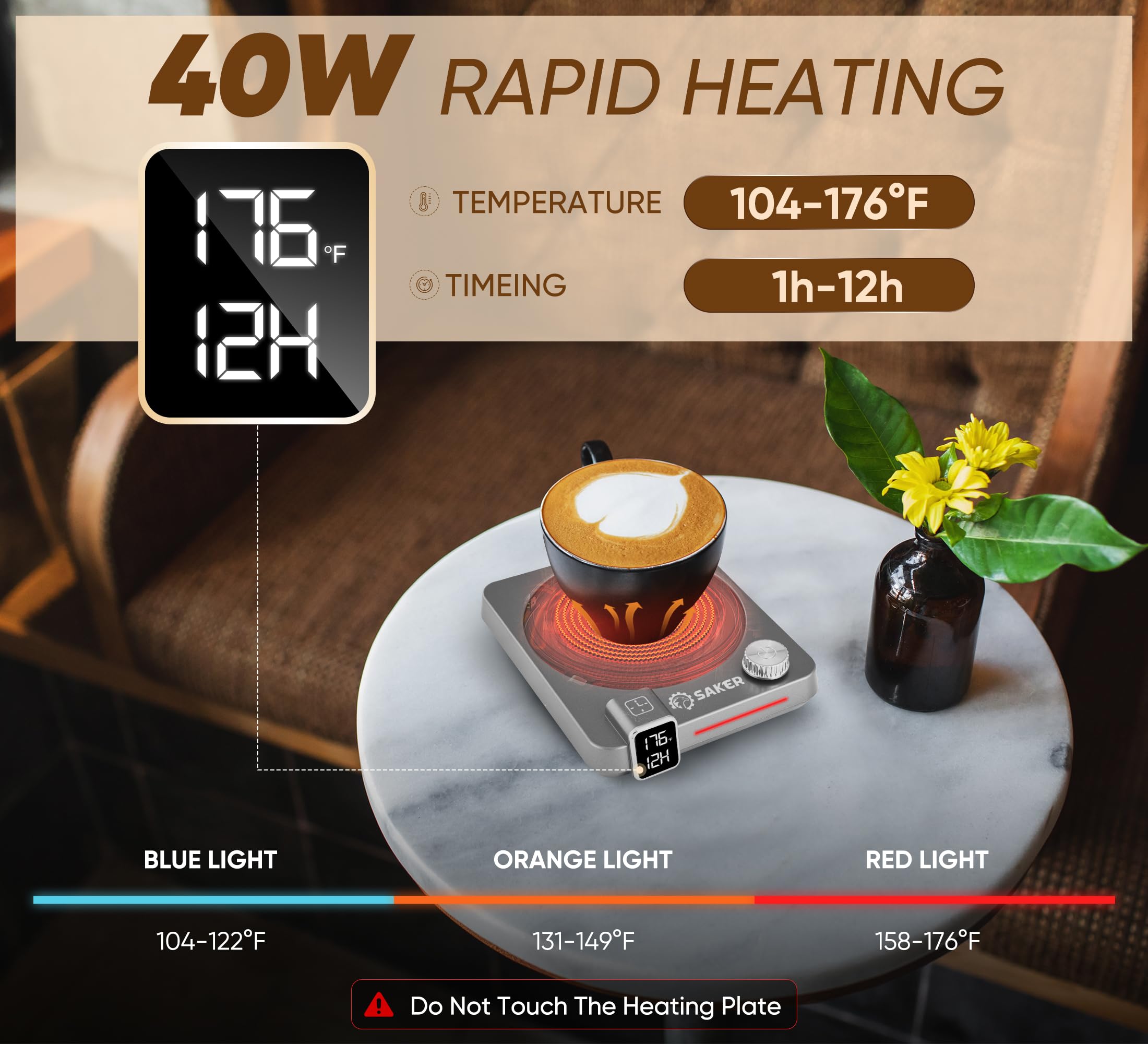 Saker calentador de tazas muestra temperatura en pantalla para lectura rápida.