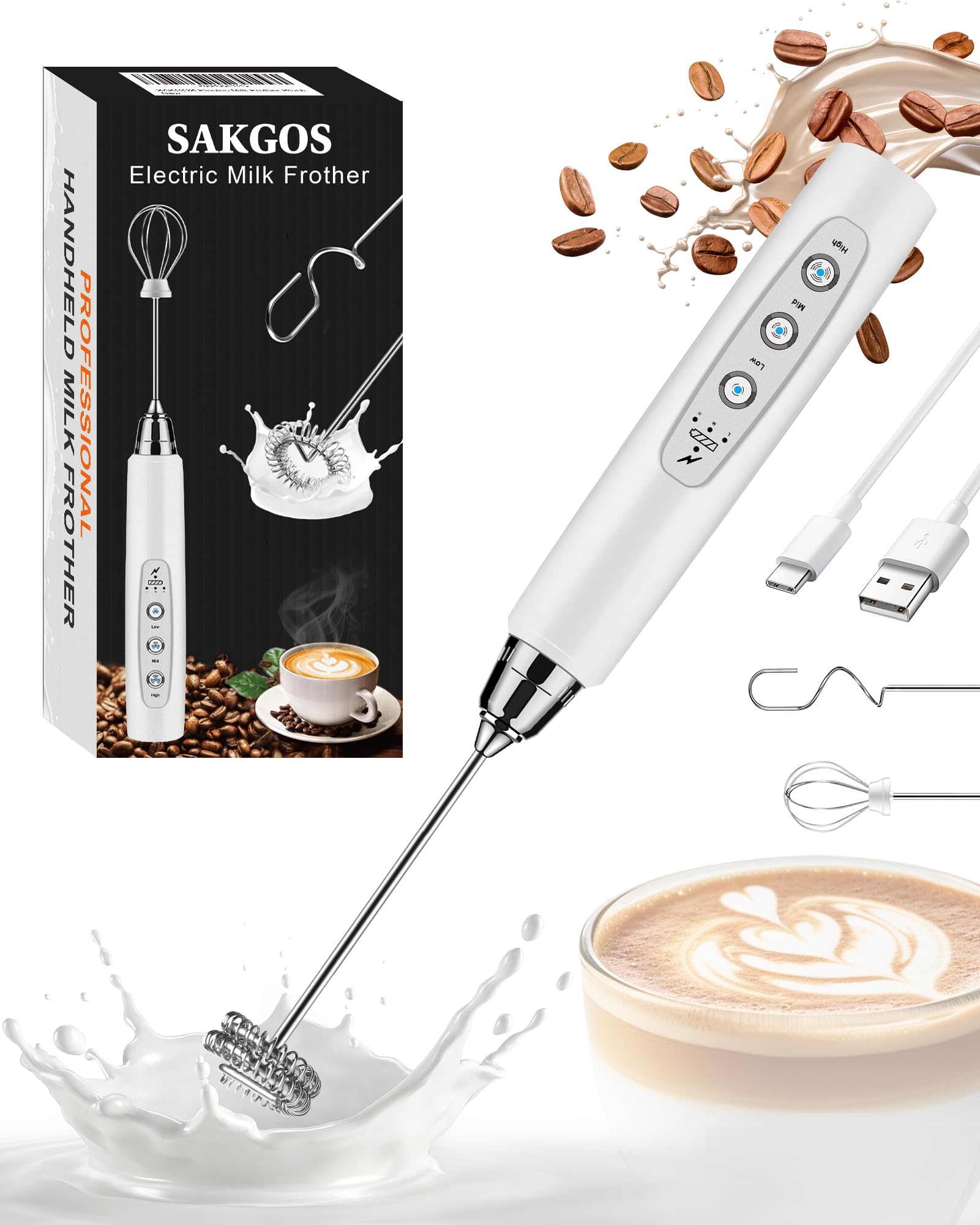 Sakgos batidor leche inalambrico con cabezas de acero para espumar leche suave
