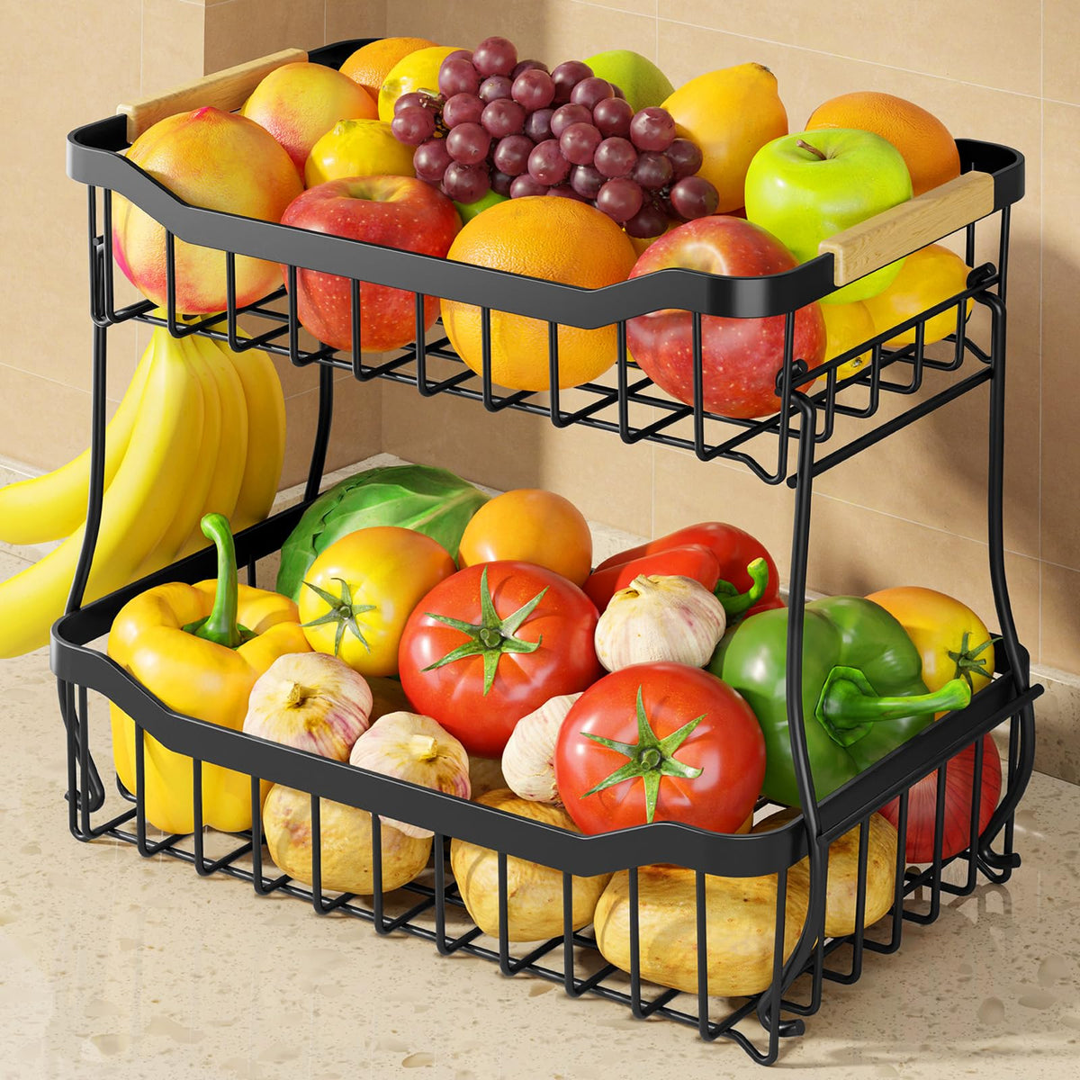 Sakugi canasta fruta dos niveles para organización de frutas con buena ventilación.
