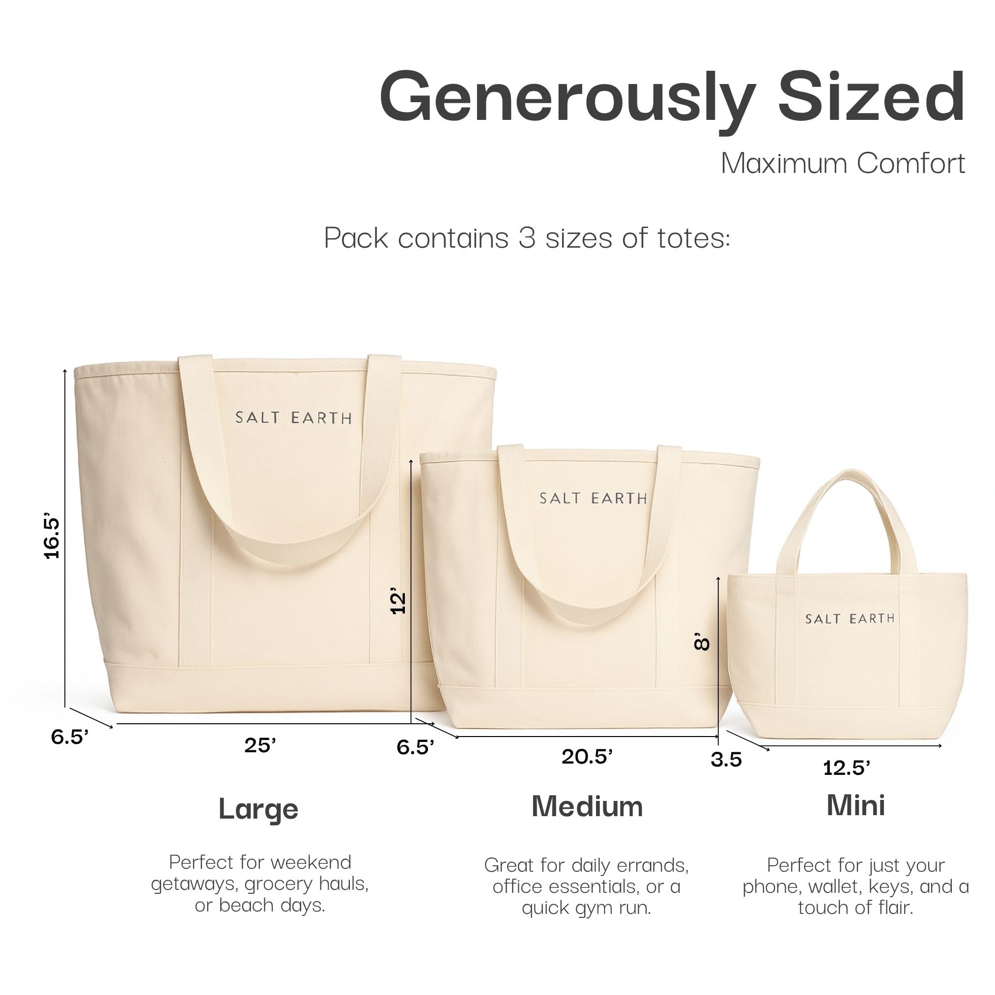 Salt Earth tote lona grande ideal para viajes y organización.