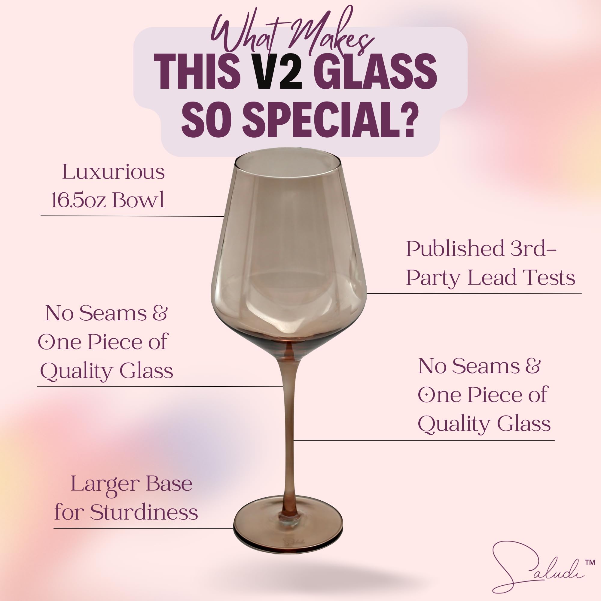 Saludi copa de vino con borde suave y tallo ergonómico para mayor comodidad.