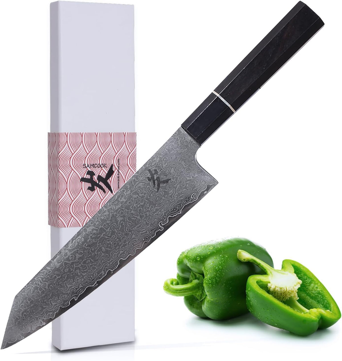 SAMCOOK Kiritsuke 8 pulgadas, hoja damasco VG-10 para cortes precisos.