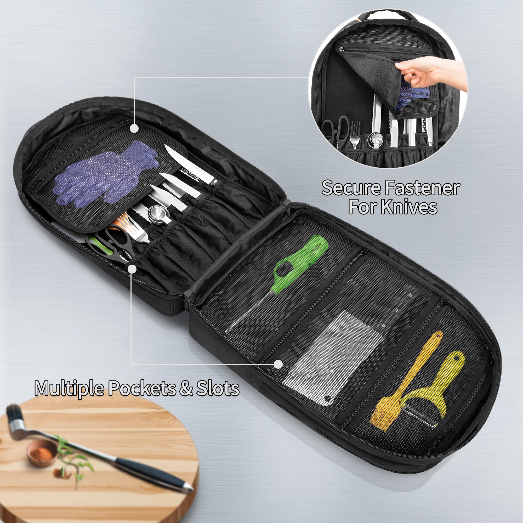 samdew Mochila Chef con capacidad principal de 12 ranuras y 4 bolsillos para utensilios.