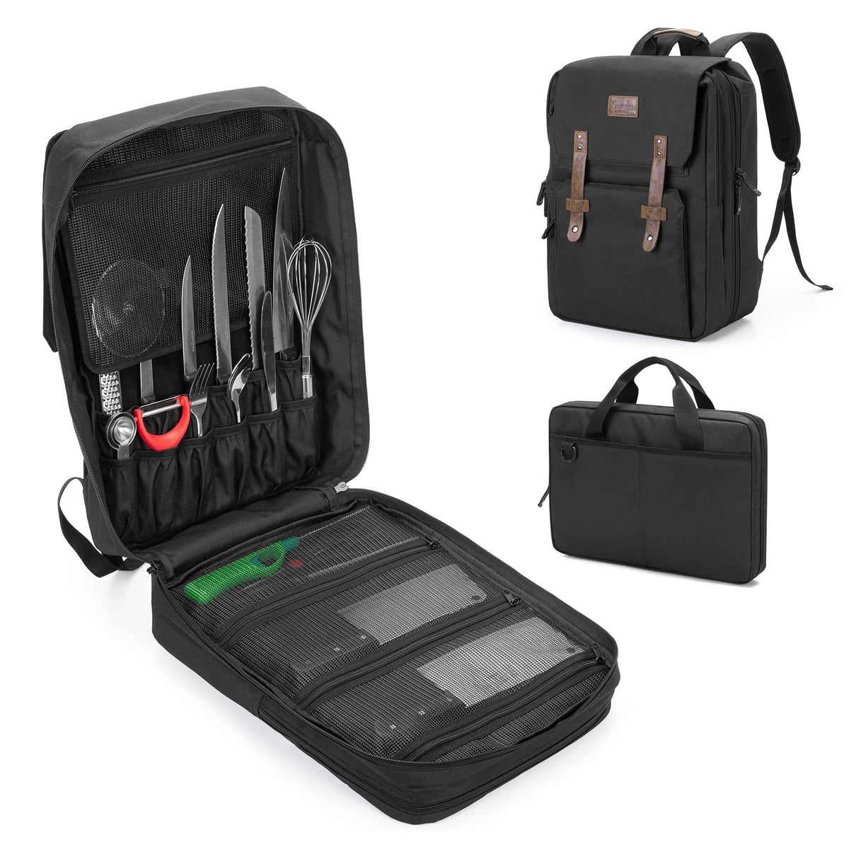 samdew mochila chef grande, exterior de cuero, ideal para transporte diario.