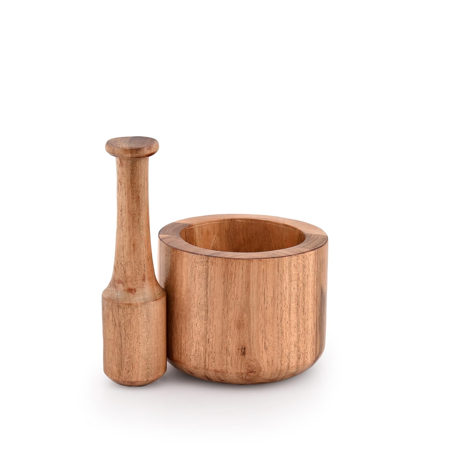 Samhita mortero de acacia con pilón, ideal para hierbas frescas.