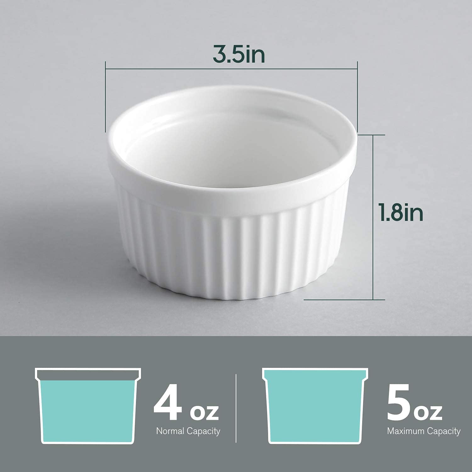 Samsle ramequines de porcelana 4oz, detalle brillo blanco, aptos para hornear.